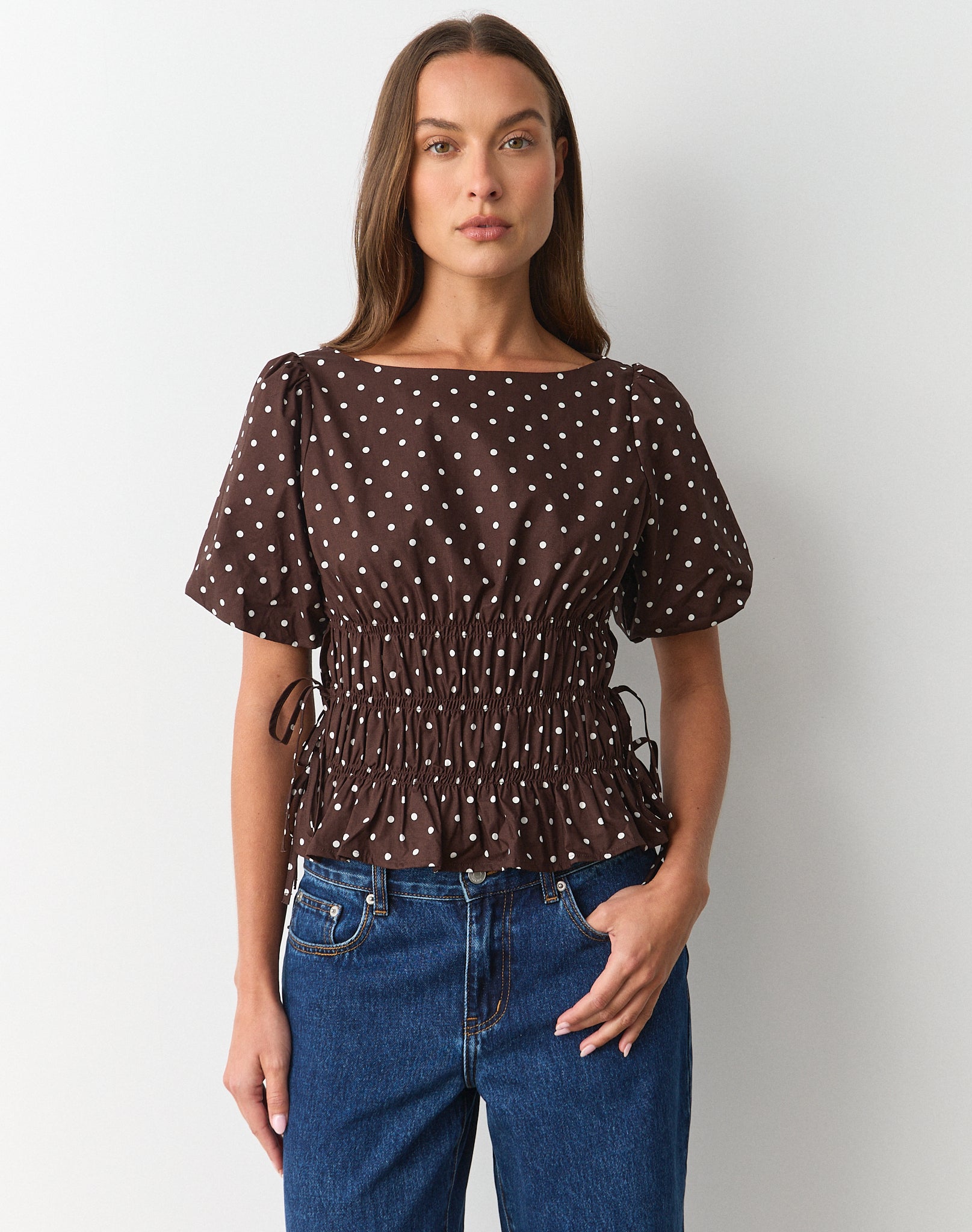 Cotton Puff Sleeve Tie Side Blouse in Fudge X White Maria Polkadot