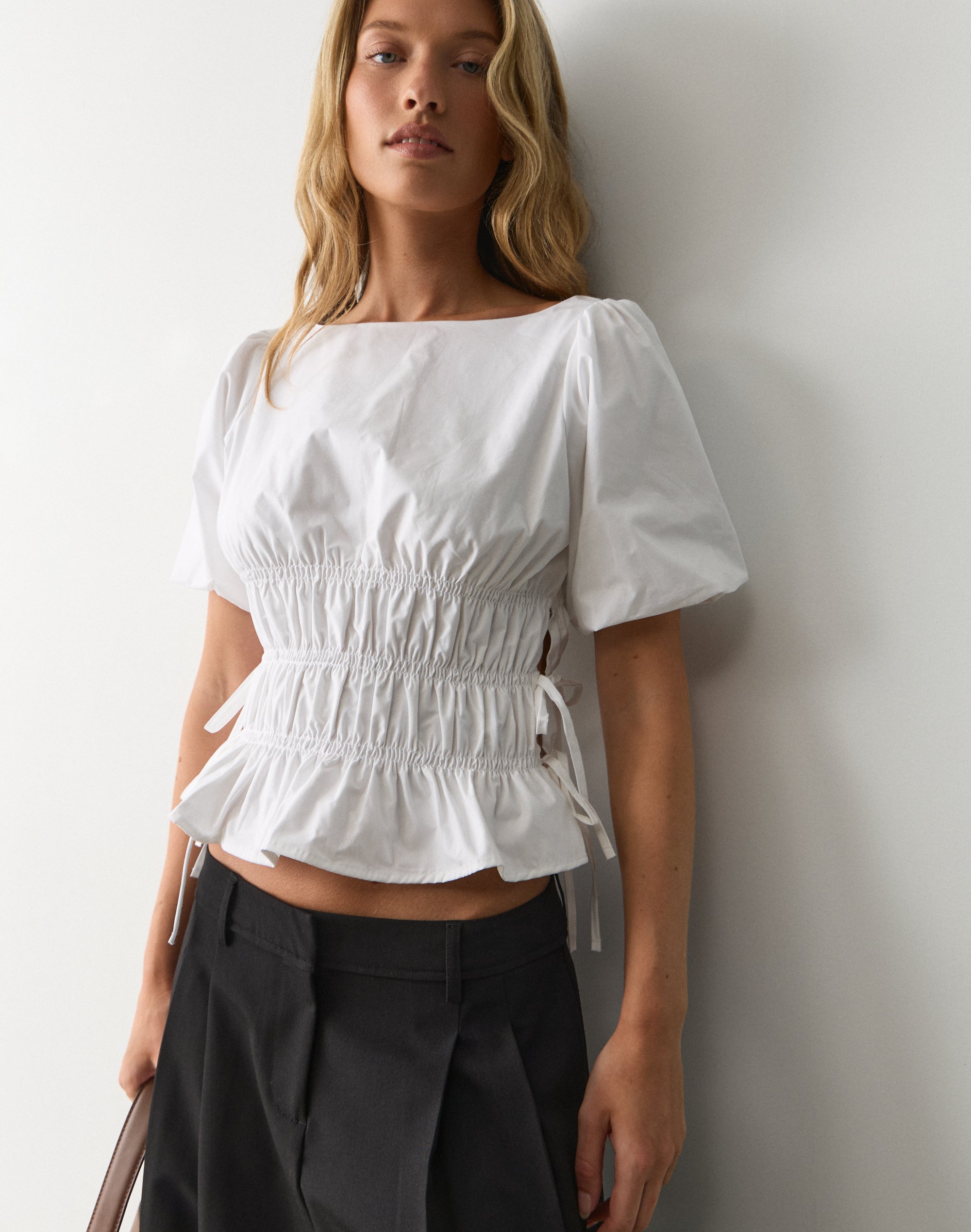 Cotton Puff Sleeve Tie Side Blouse in White | Glassons