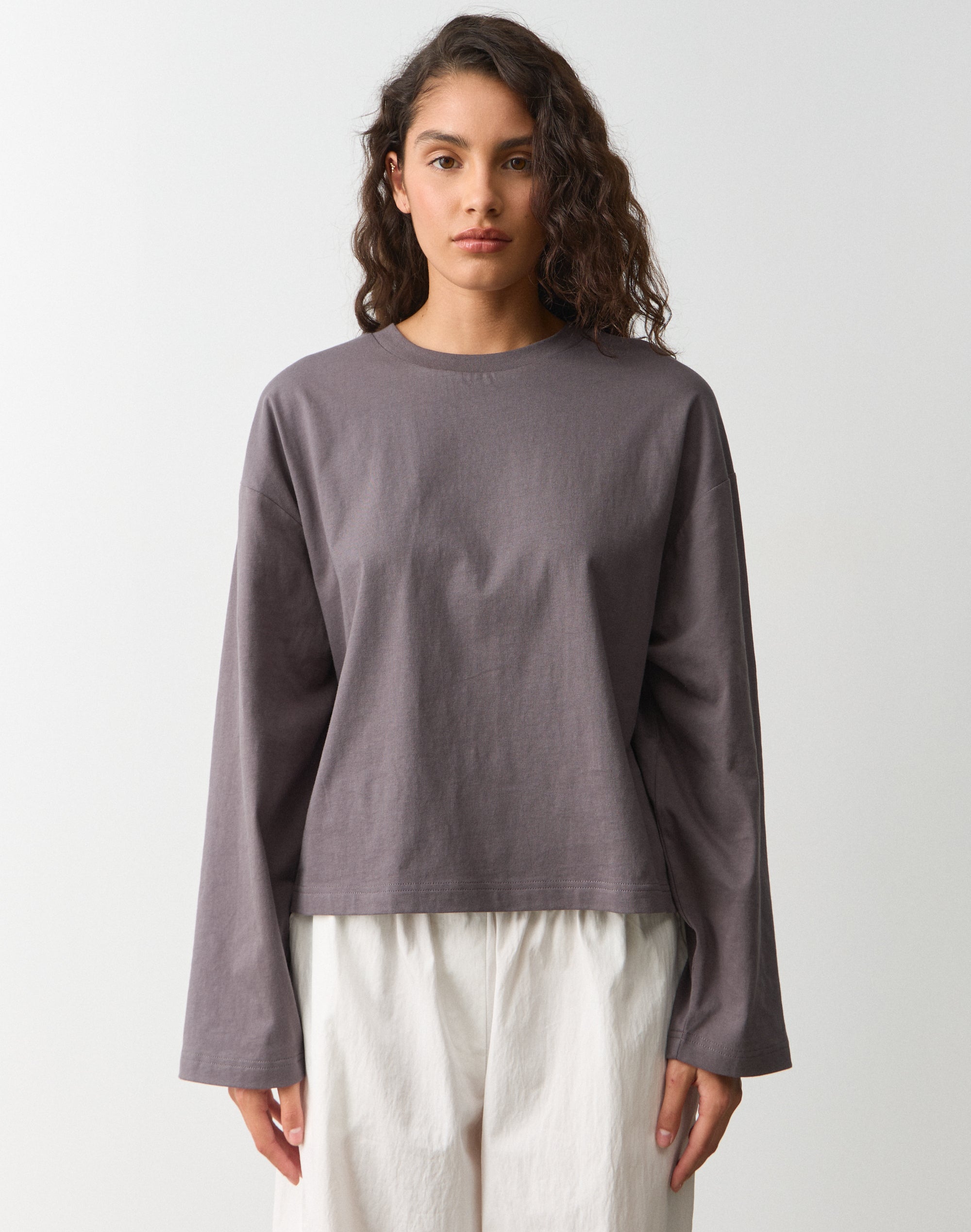 Cotton Boxy Long Sleeve Top in Charcoal Charm | Glassons US