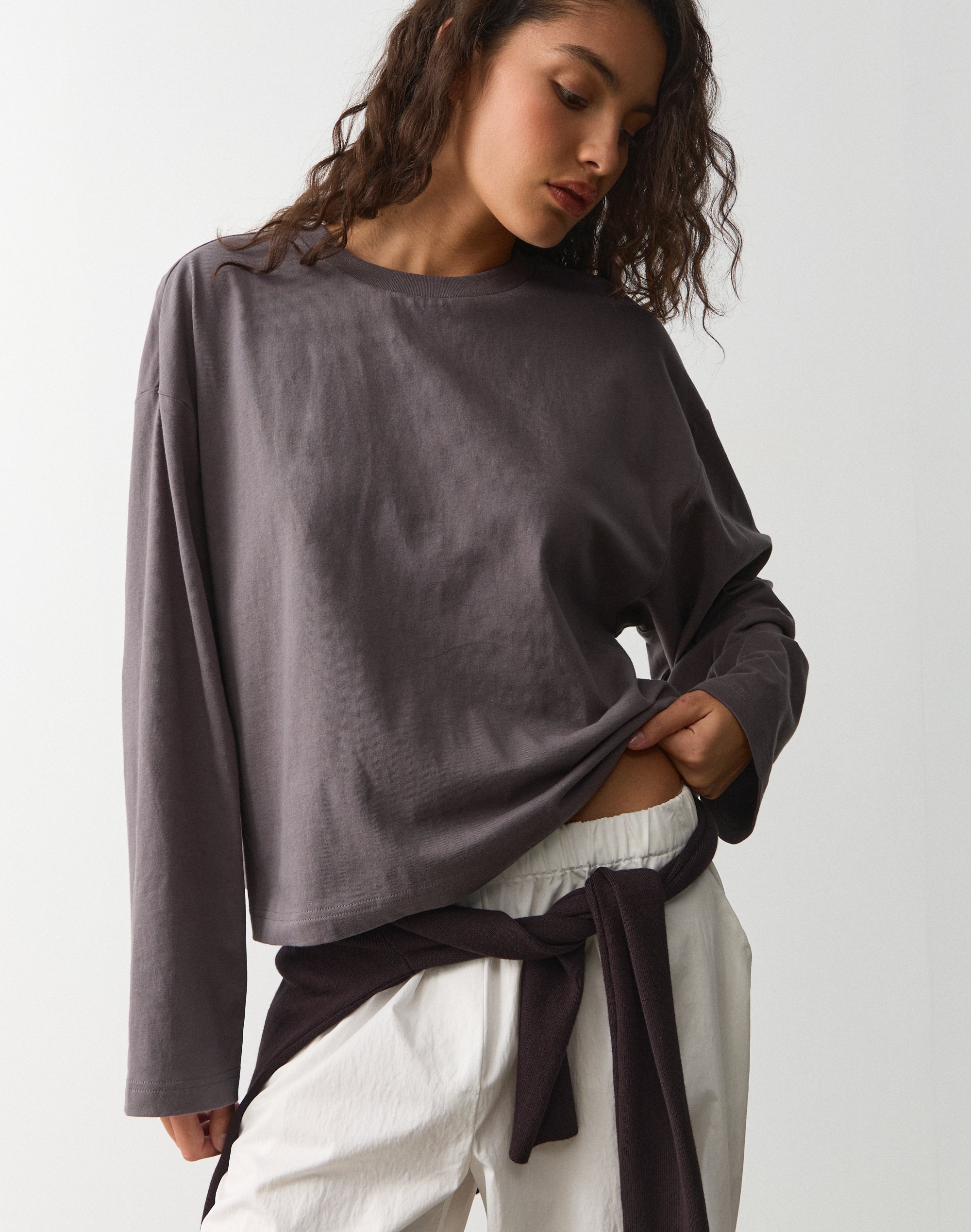 Cotton Boxy Long Sleeve Top in Charcoal Charm | Glassons US