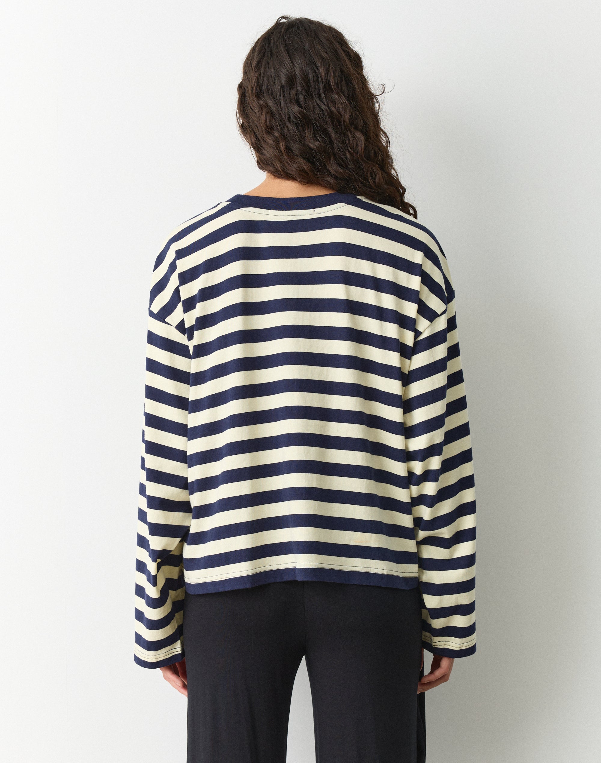 Stripe Cotton Boxy Long Sleeve Top in Dusty X Navy Mara Stripe