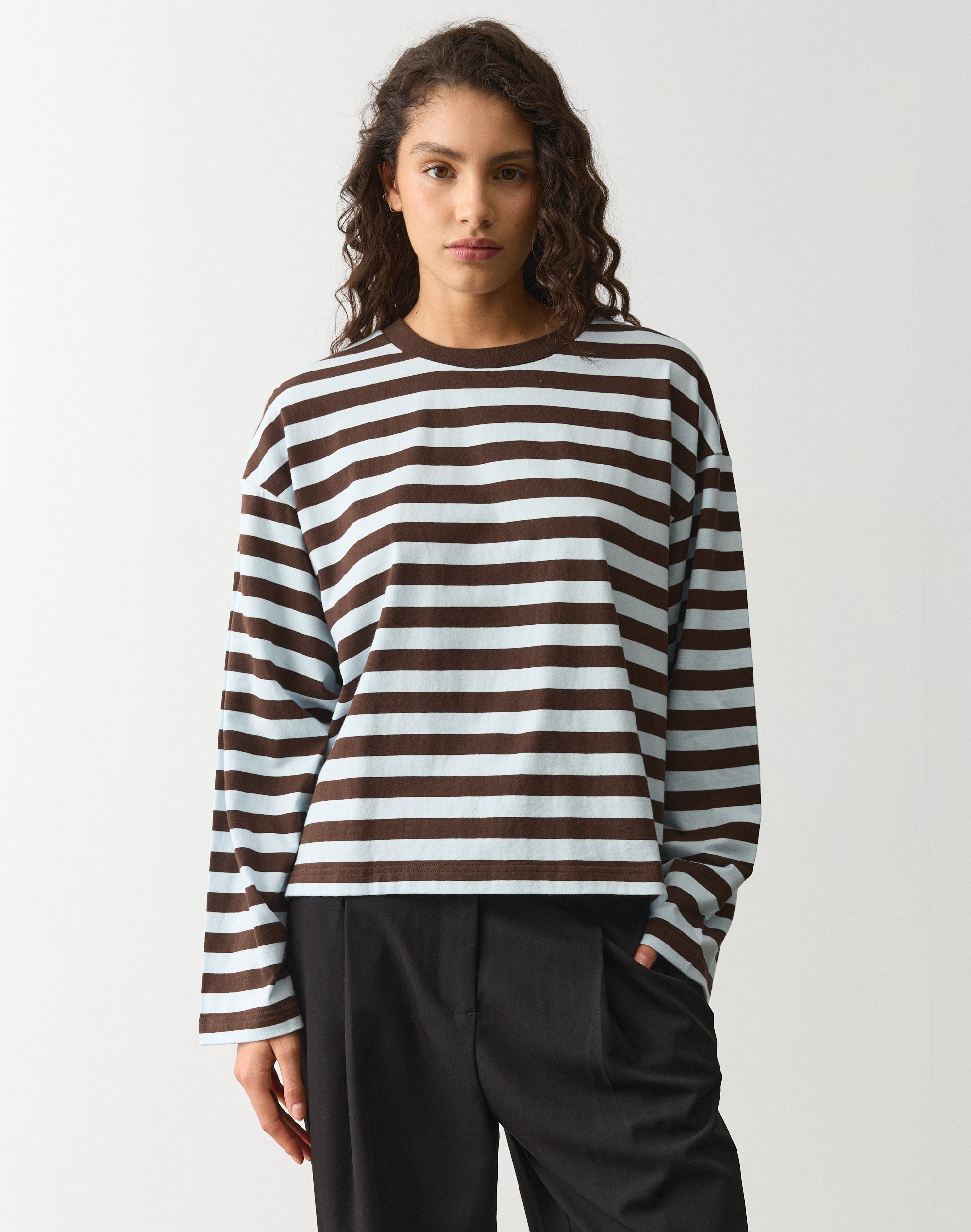 Stripe Cotton Boxy Long Sleeve Top in Icy Pole X Fudge Mara Stripe