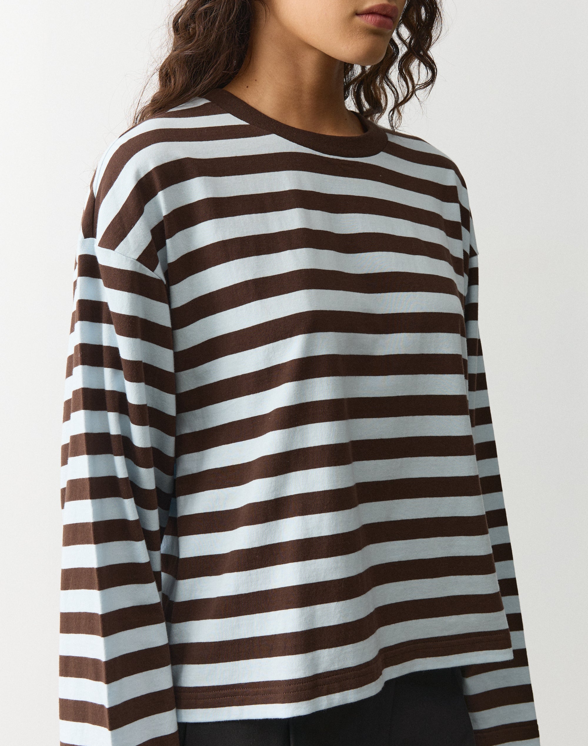 Stripe Cotton Boxy Long Sleeve Top in Icy Pole X Fudge Mara Stripe