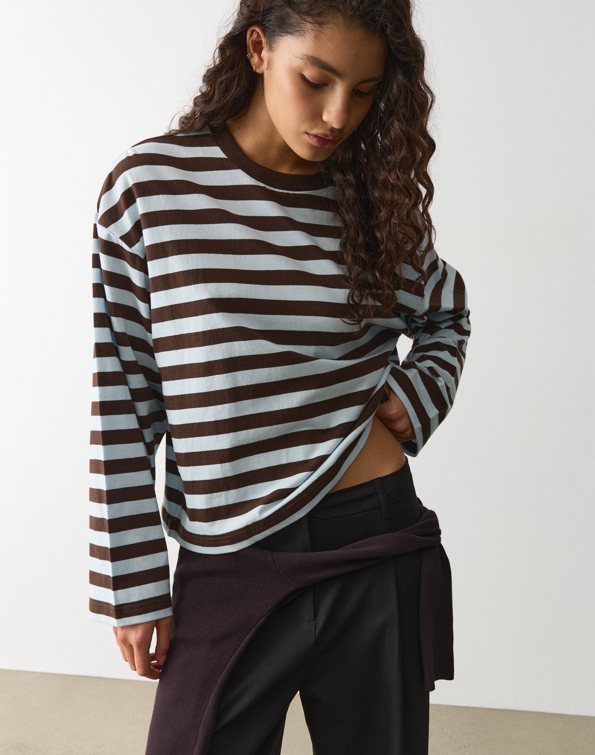 Stripe Cotton Boxy Long Sleeve Top in Icy Pole X Fudge Mara Stripe