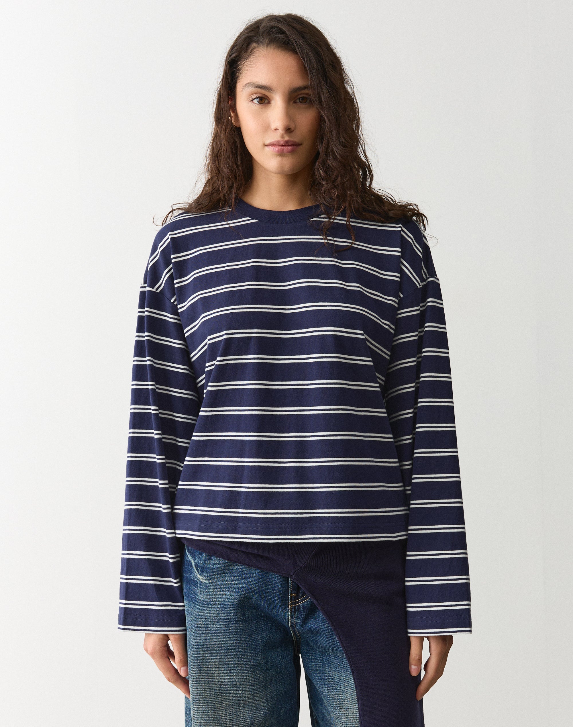 Stripe Cotton Boxy Long Sleeve Top in Navy Caribbean Alexa Stripe