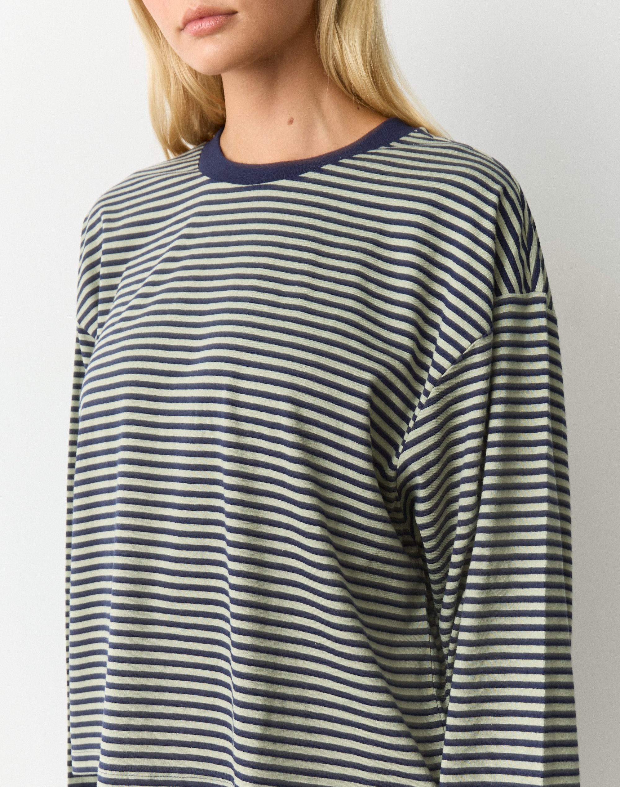 Stripe Cotton Boxy Long Sleeve Top in Navy X Desert Bella Stripe