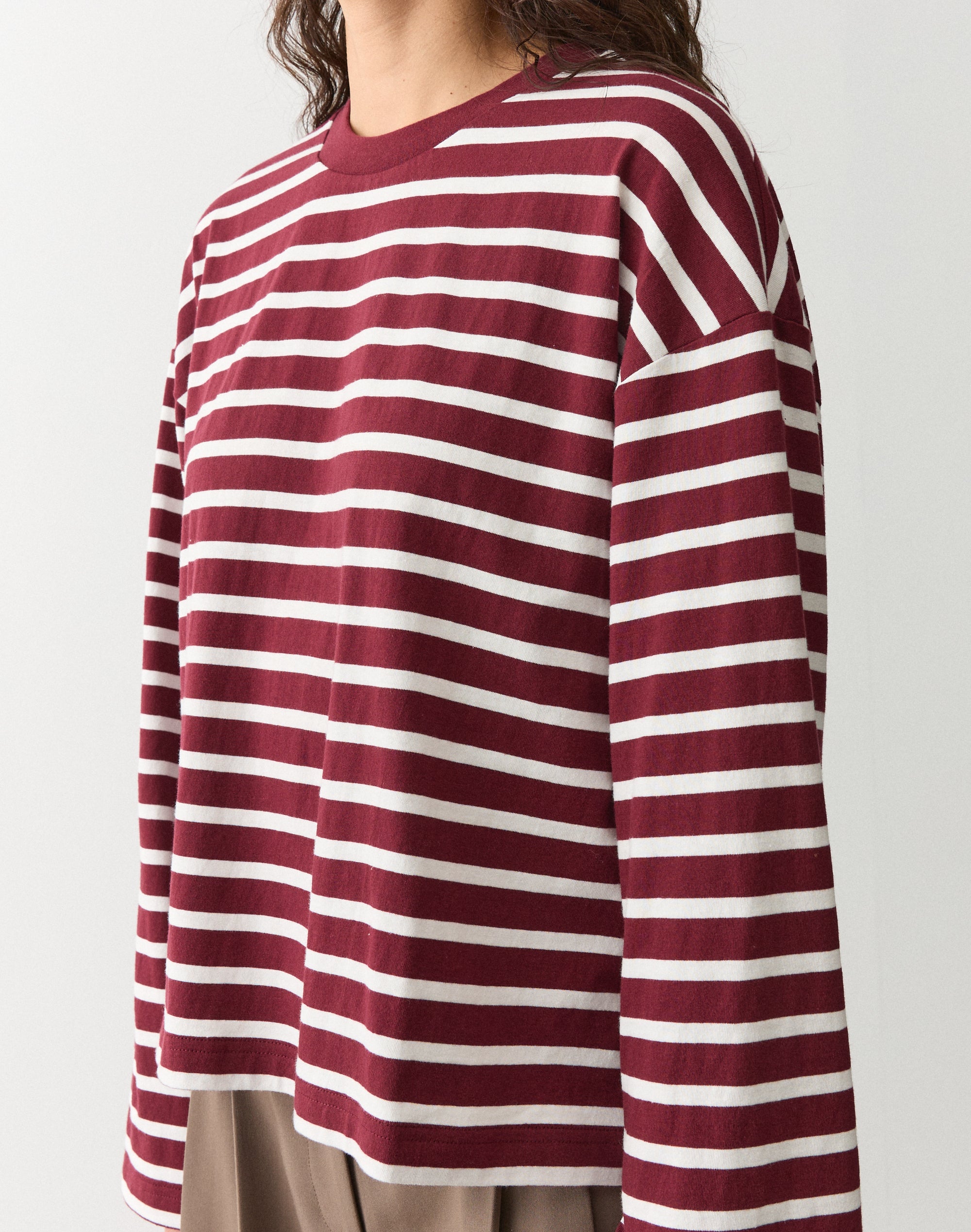 Stripe Cotton Boxy Long Sleeve Top in Rosewood Milk Avery Stripe