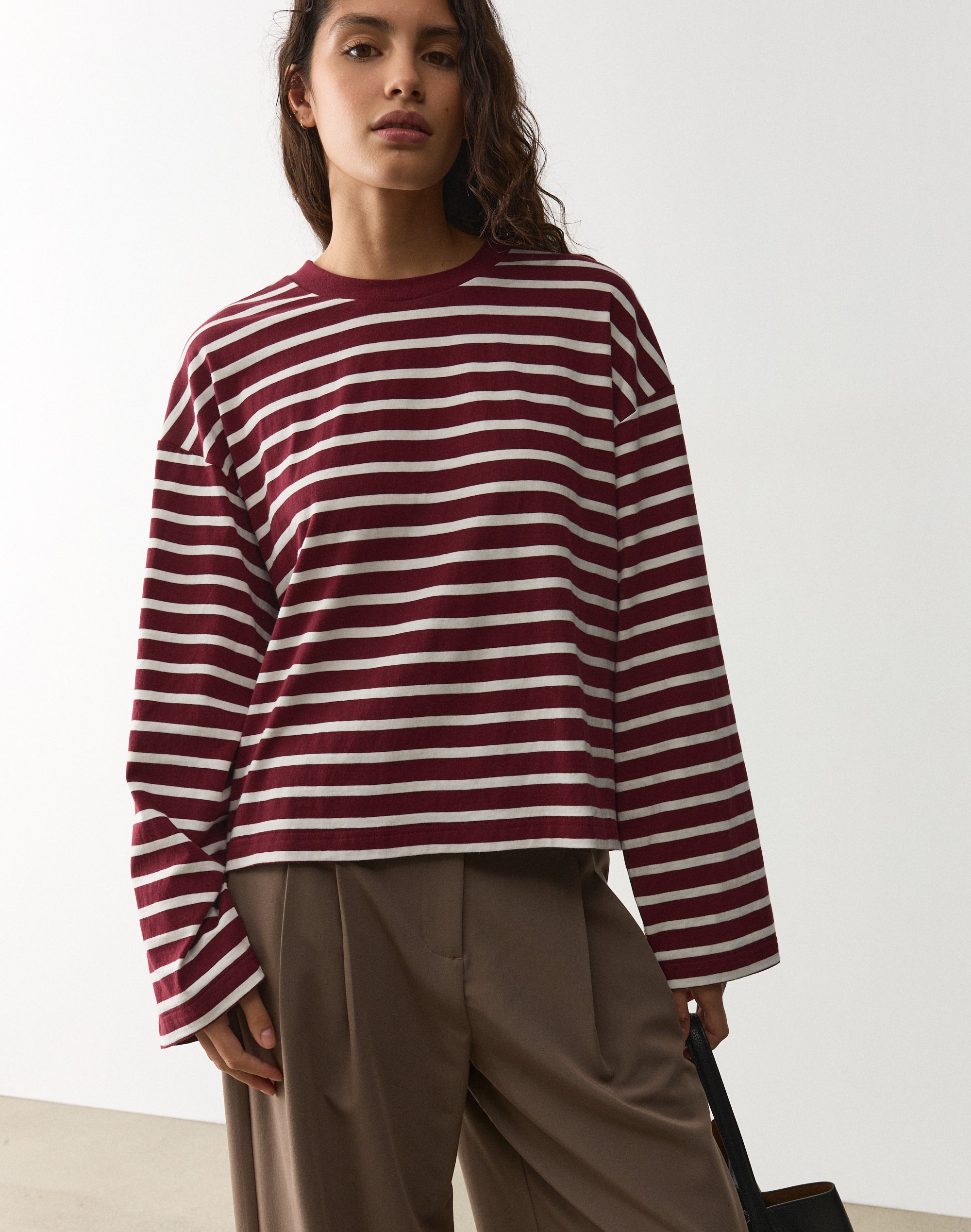 Stripe Cotton Boxy Long Sleeve Top in Rosewood Milk Avery Stripe 