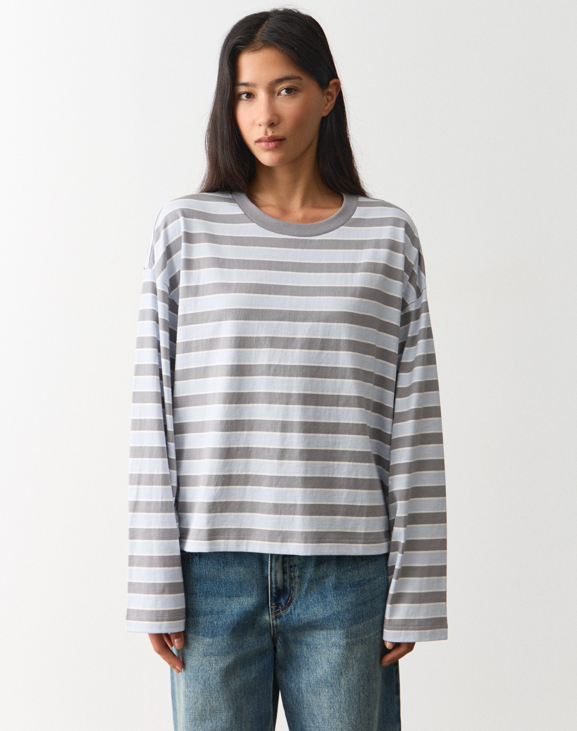 Stripe Cotton Boxy Long Sleeve Top in Western Stormcloud Lute