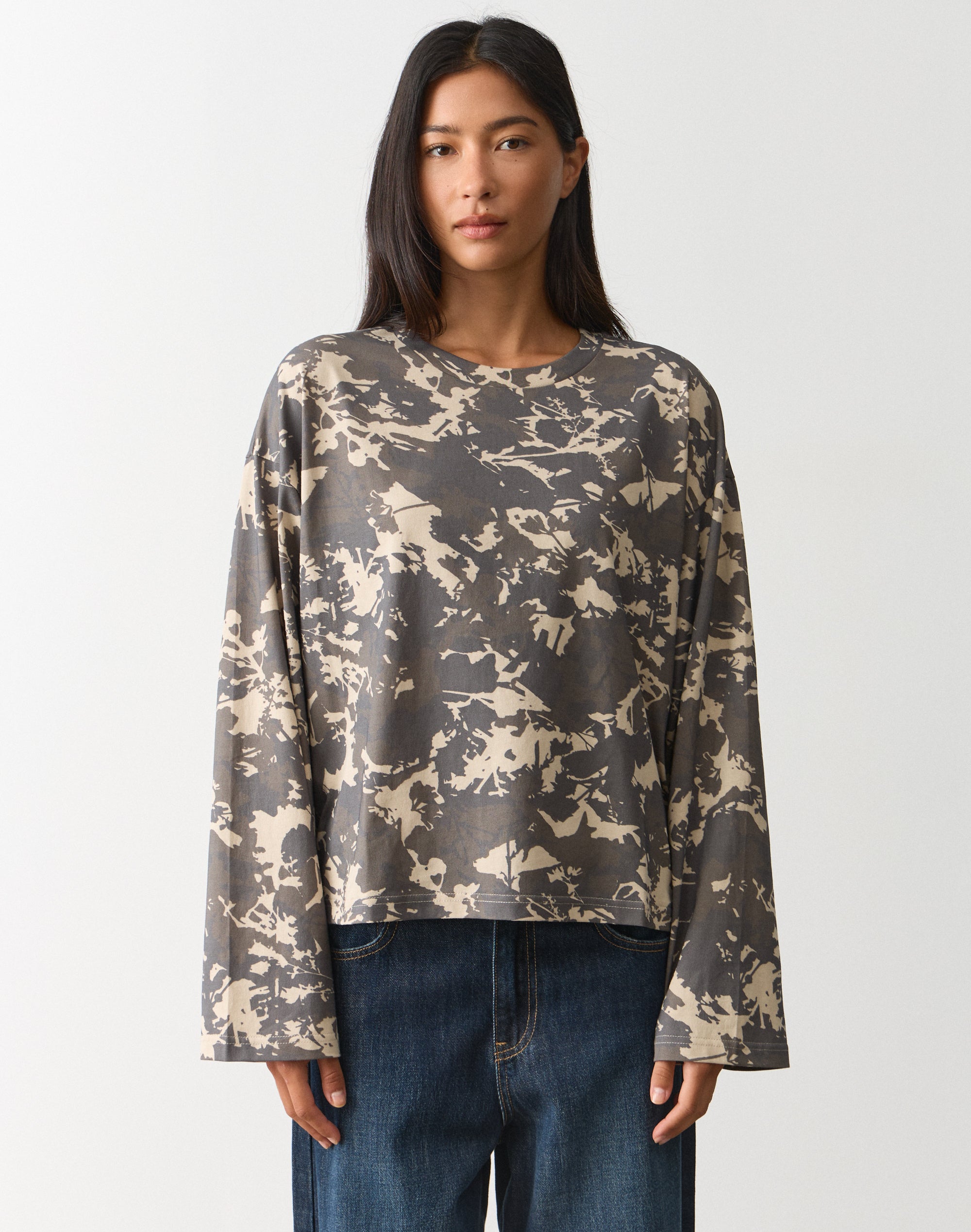 Cotton Boxy Long Sleeve Top in Army Leafy Camo | Glassons AU