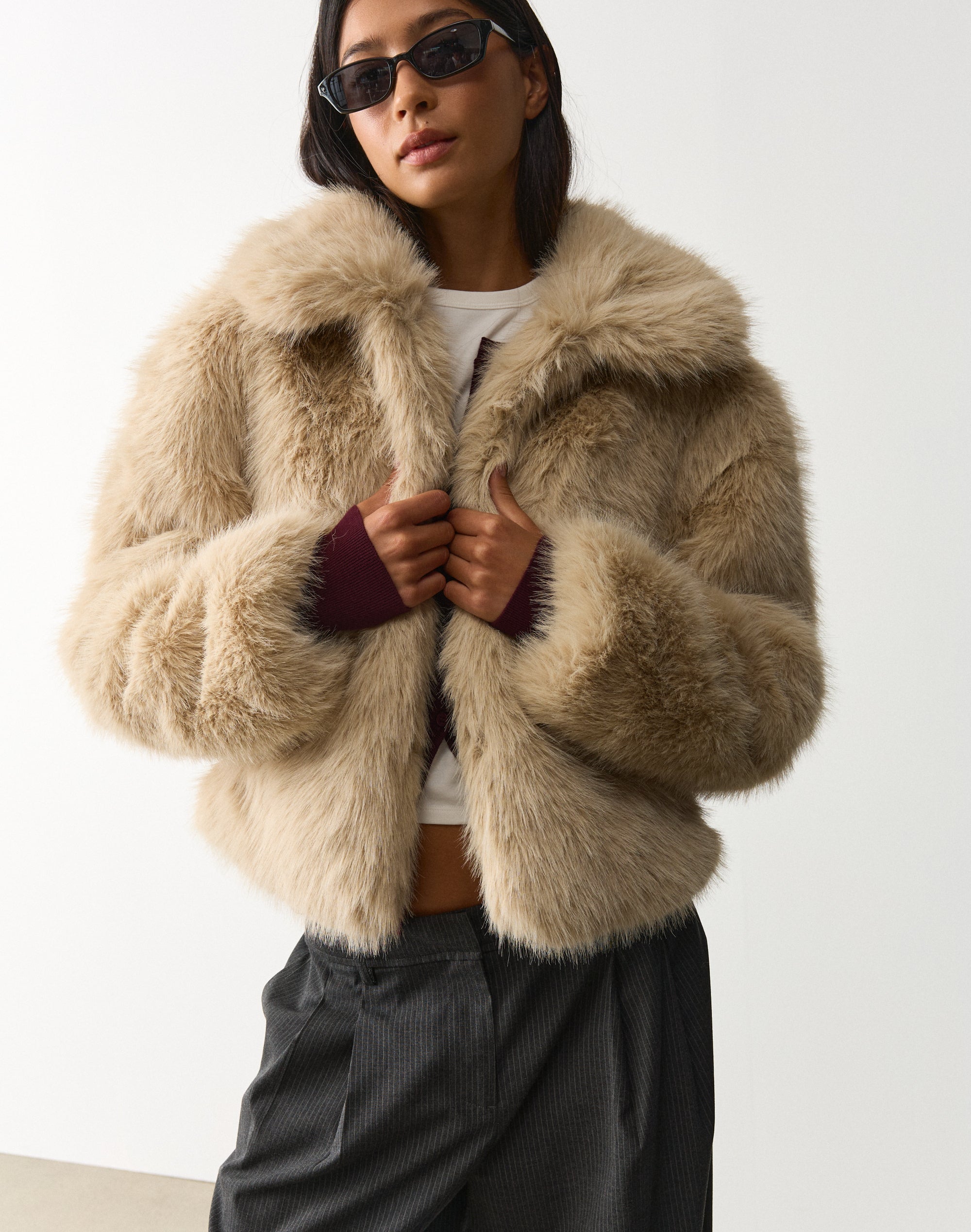 Faux Fur Collared Jacket in Neutral | Glassons