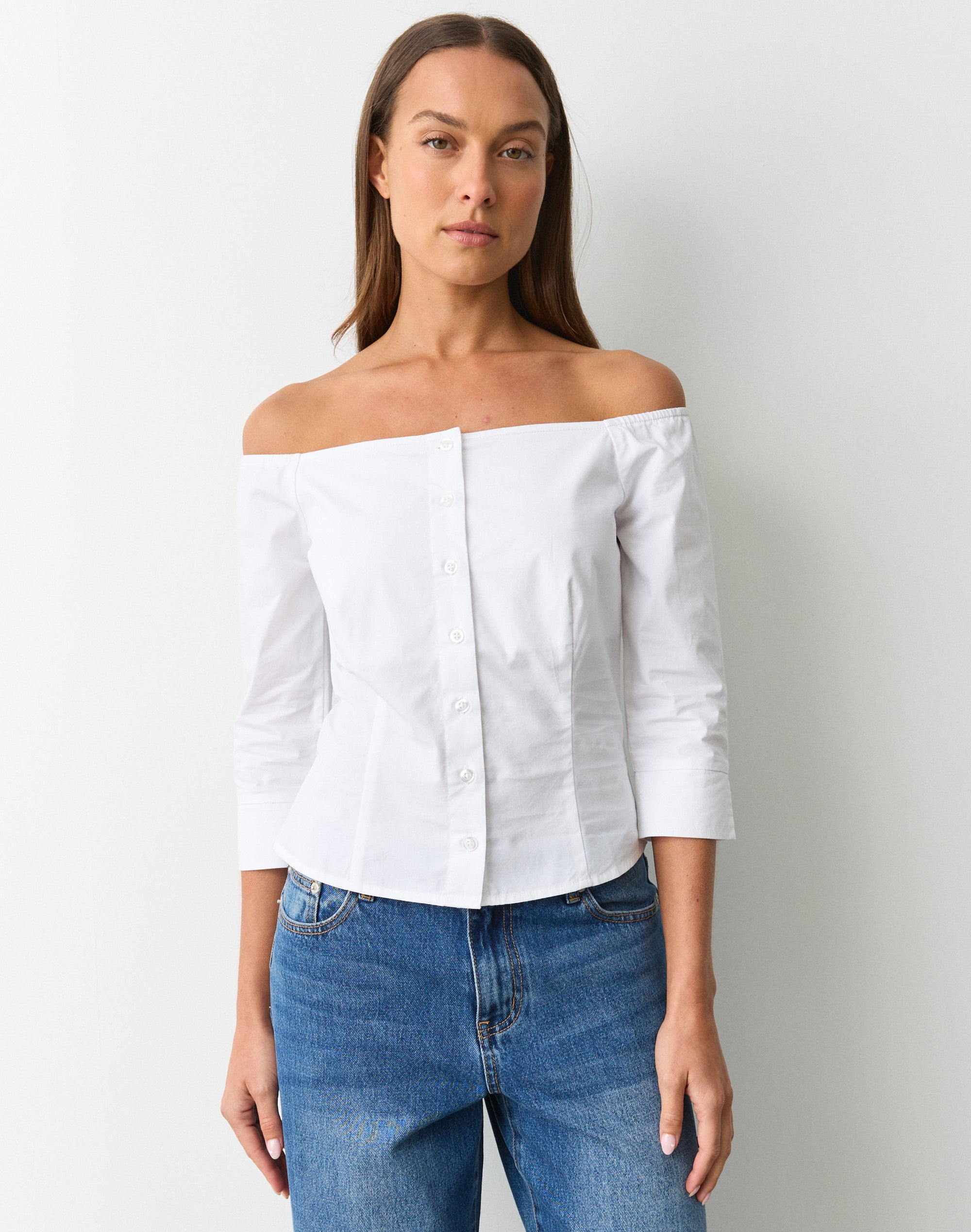 Off Shoulder Three Quarter Blouse in White | Glassons AU