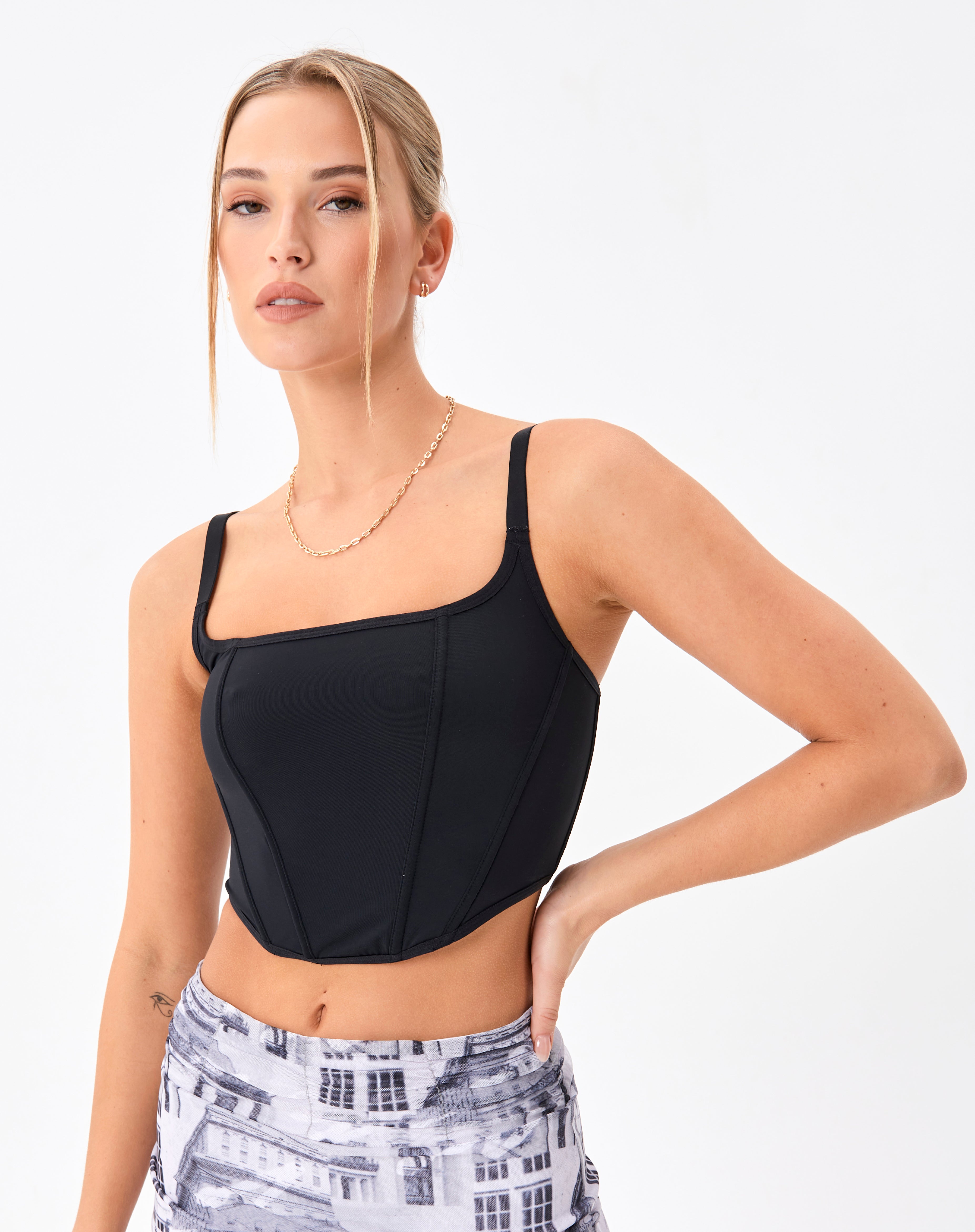 Square Neck Curve Hem Corset Top in Black | Glassons