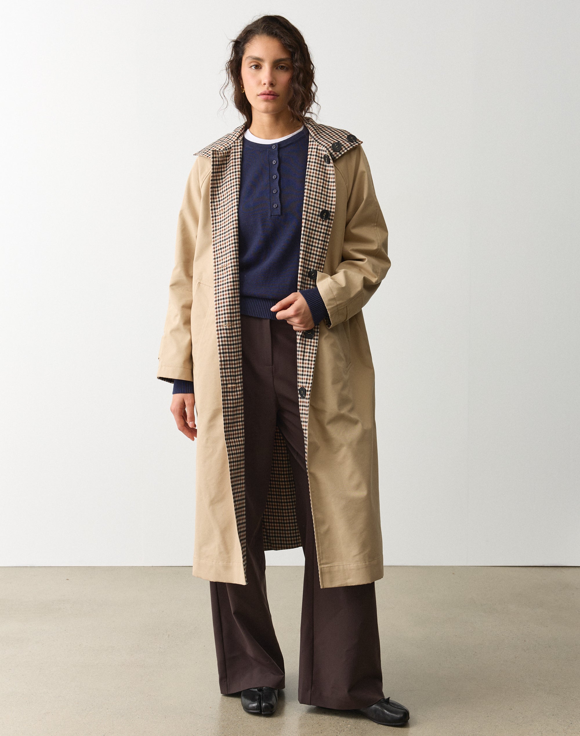Reversible Check Longline Trench Coat in Sand Signal X Neutral