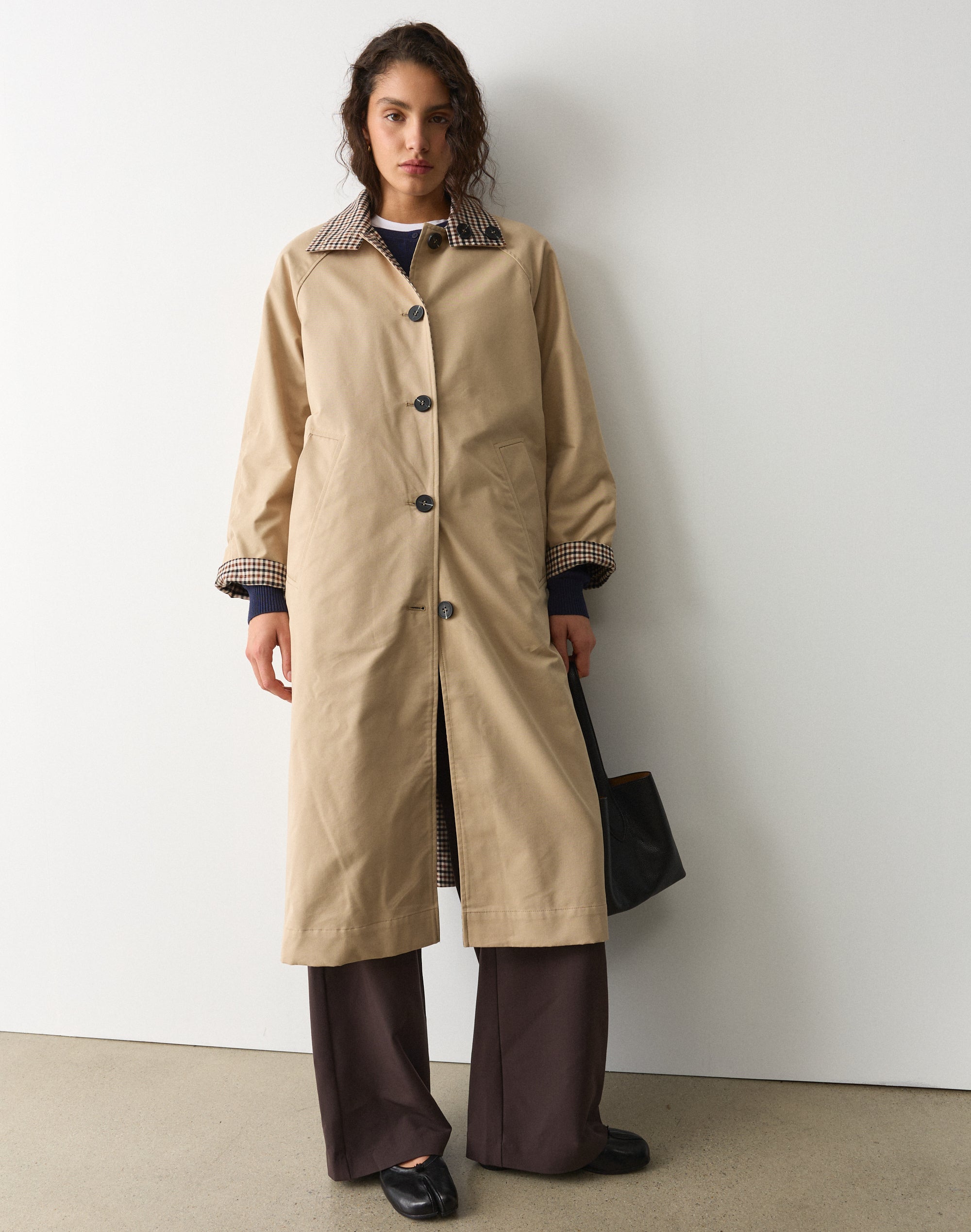 Reversible Check Longline Trench Coat in Sand Signal X Neutral 