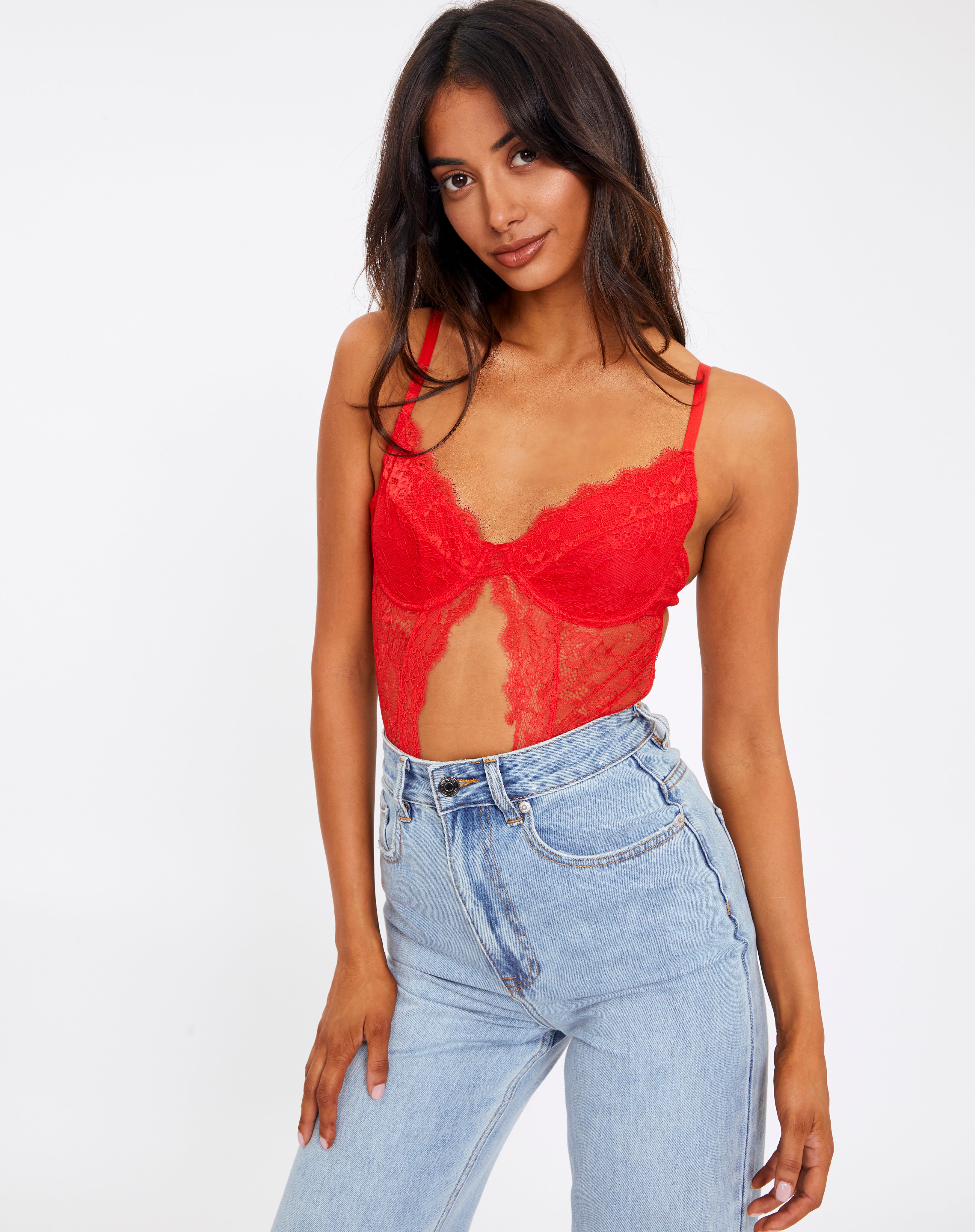 Floral Lace Cut Out Bodysuit in Red 