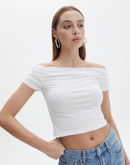 Off The Shoulder Ruched Crop Top White |