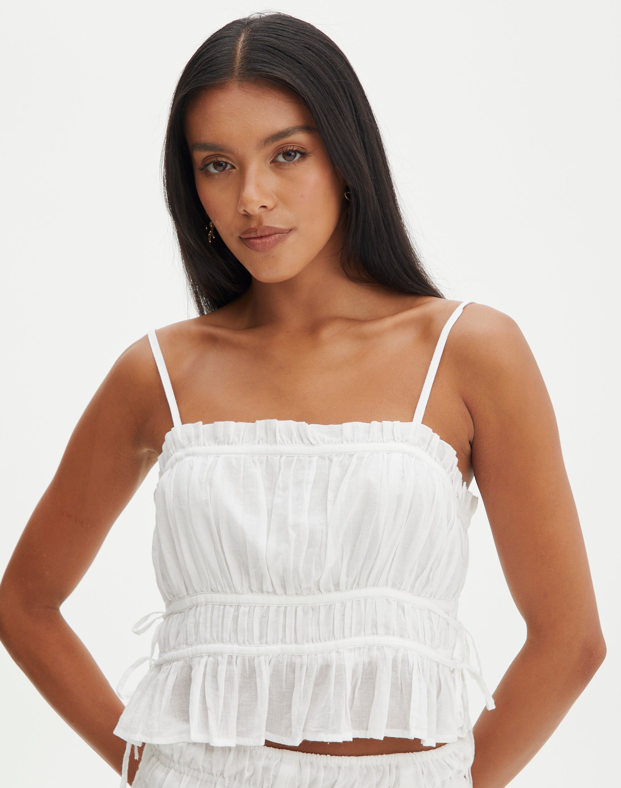 White Ruched Ribbon Tie-up Cami Top