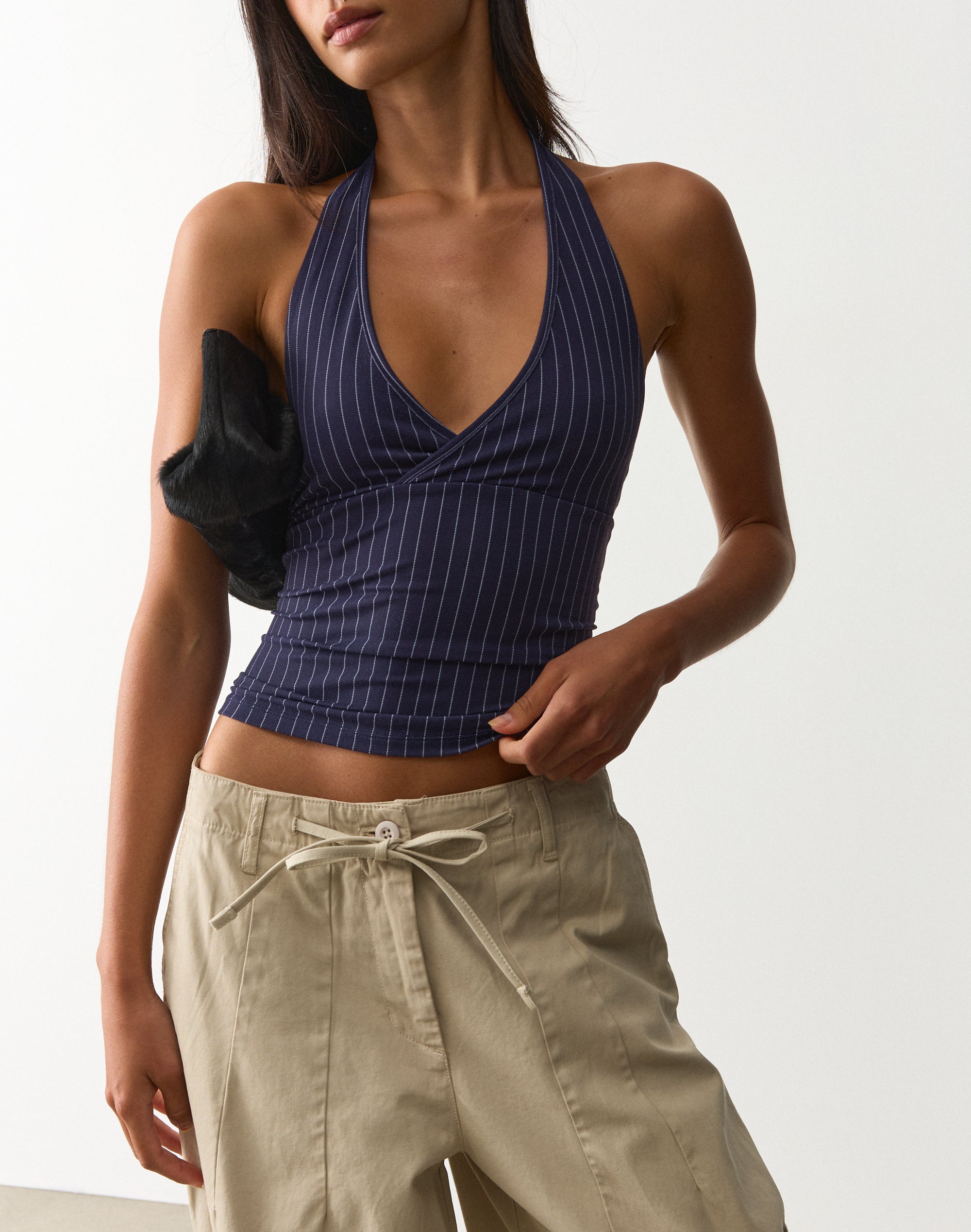 Supersoft Halter Neck Top in Navy White Bimba Stripe | Glassons AU