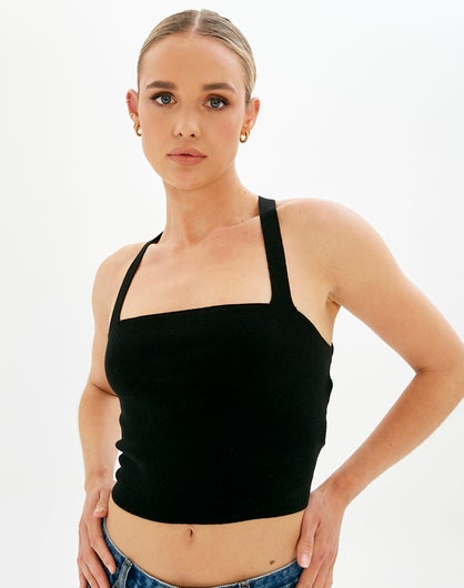Strappy Tie Back Crop Knit Top in Black | Glassons