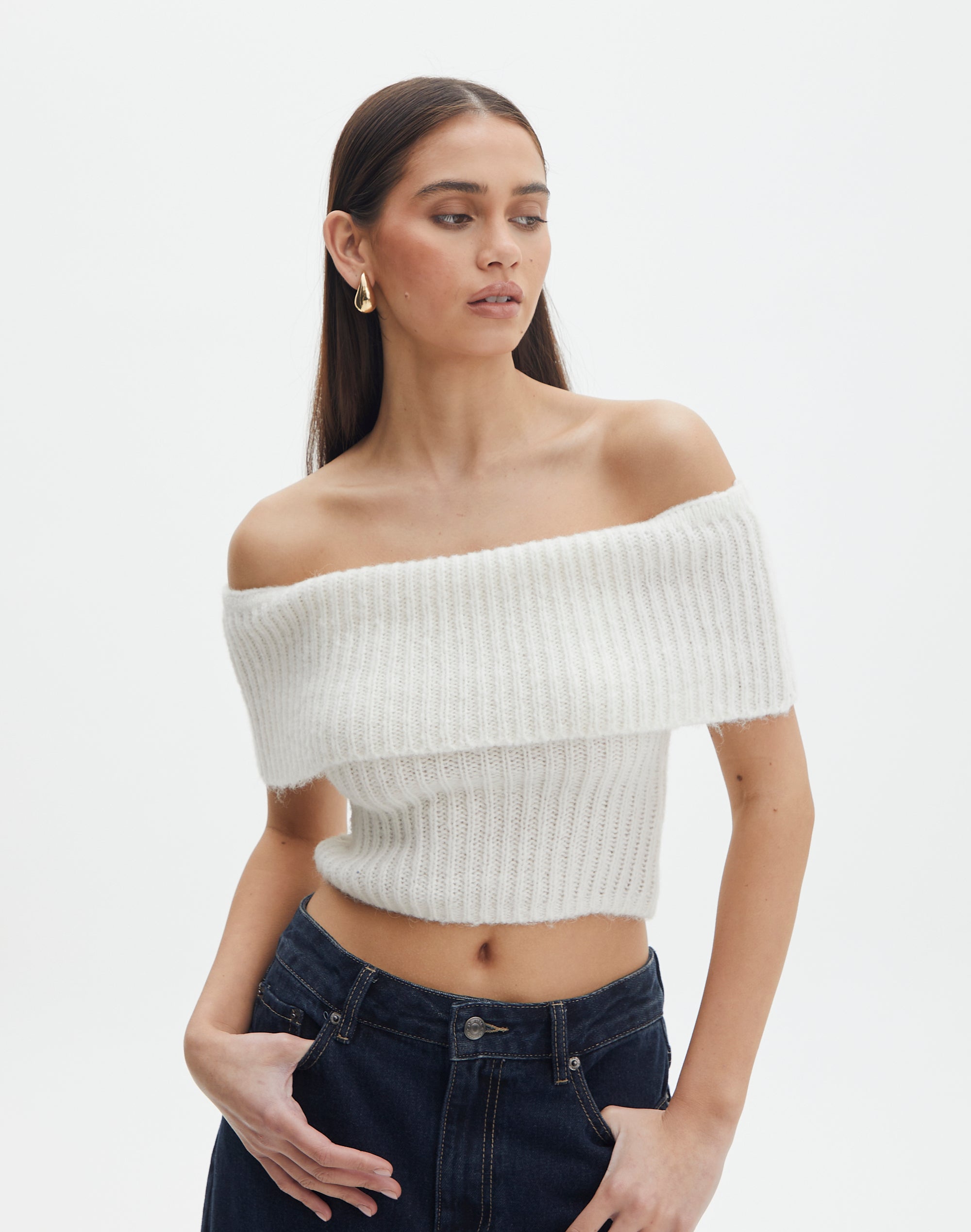 Foldover Off Shoulder Cropped Knit in White | Glassons