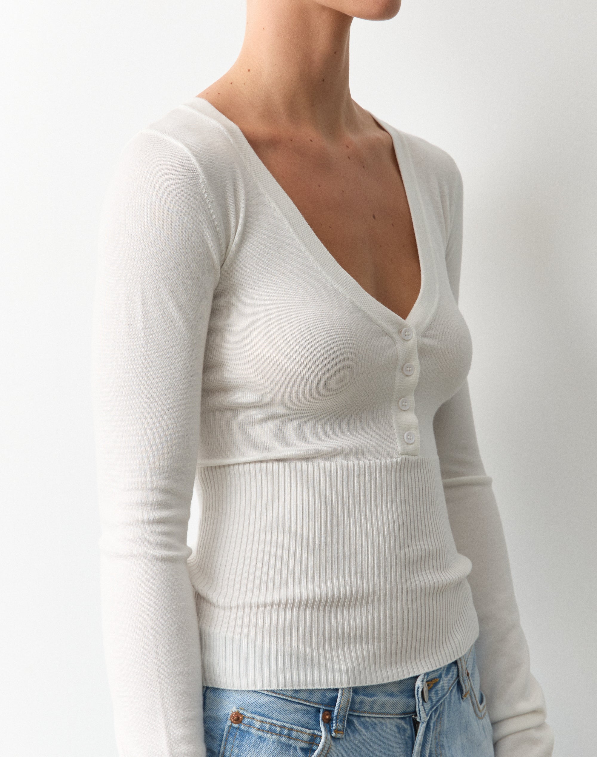 Rib Waist Long Sleeve Knit Top in Milk | Glassons