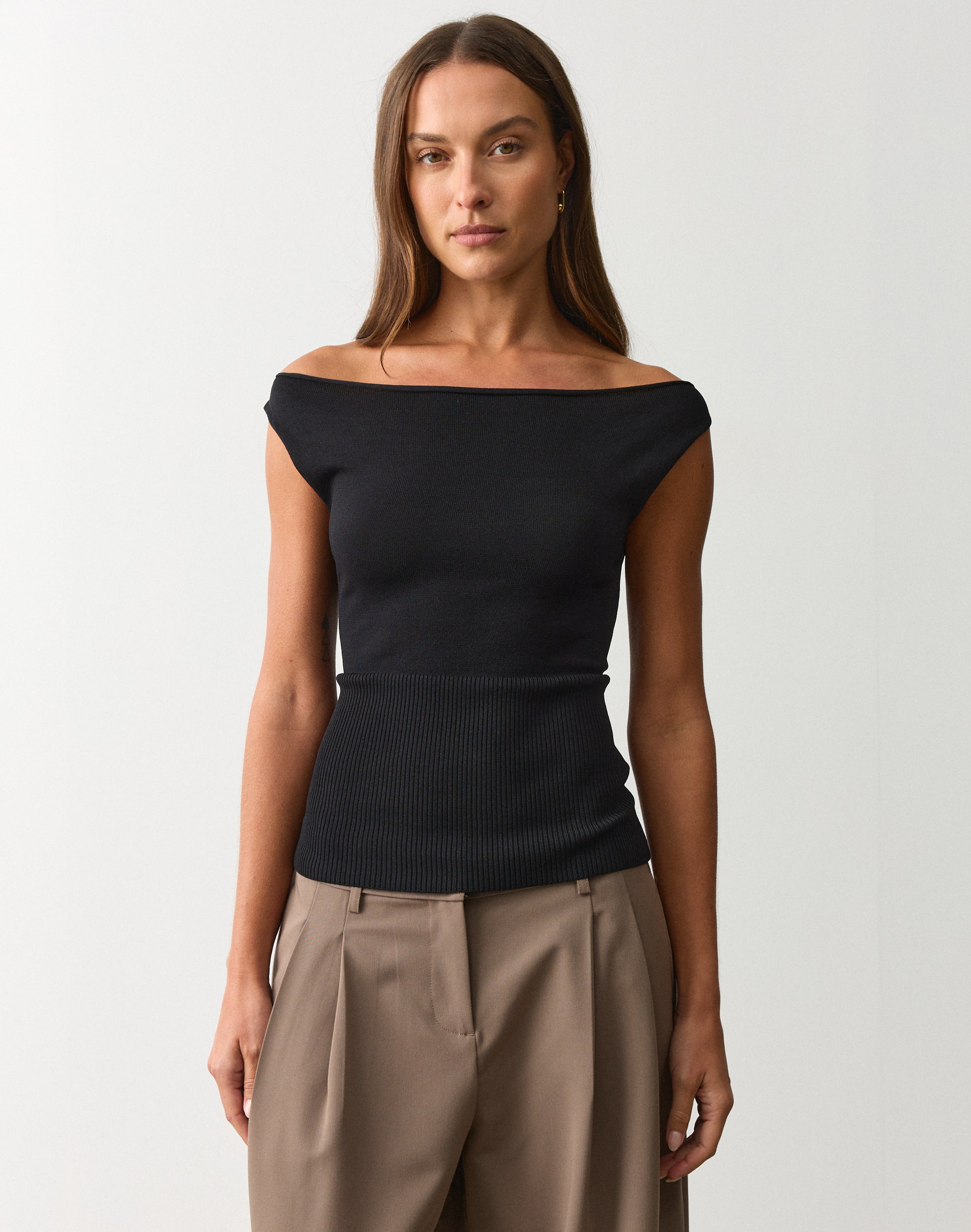 Rib Waist Boat Neck Top in Black | Glassons US