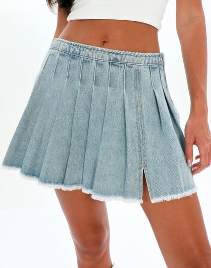 Recycled Pleated Denim Mini Skirt in Blue | Glassons