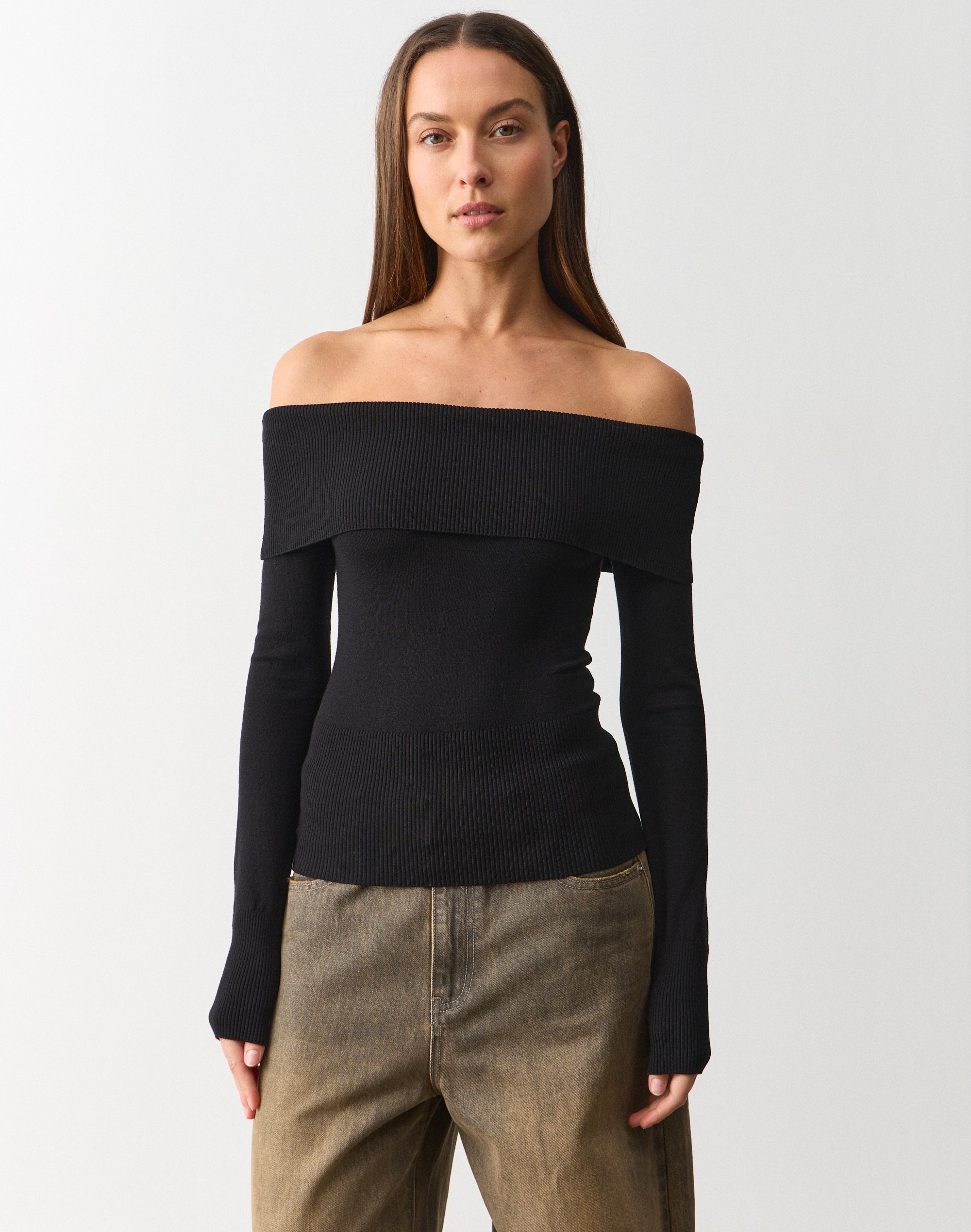Foldover Off Shoulder Long Sleeve Knit in Choc It Up | Glassons US