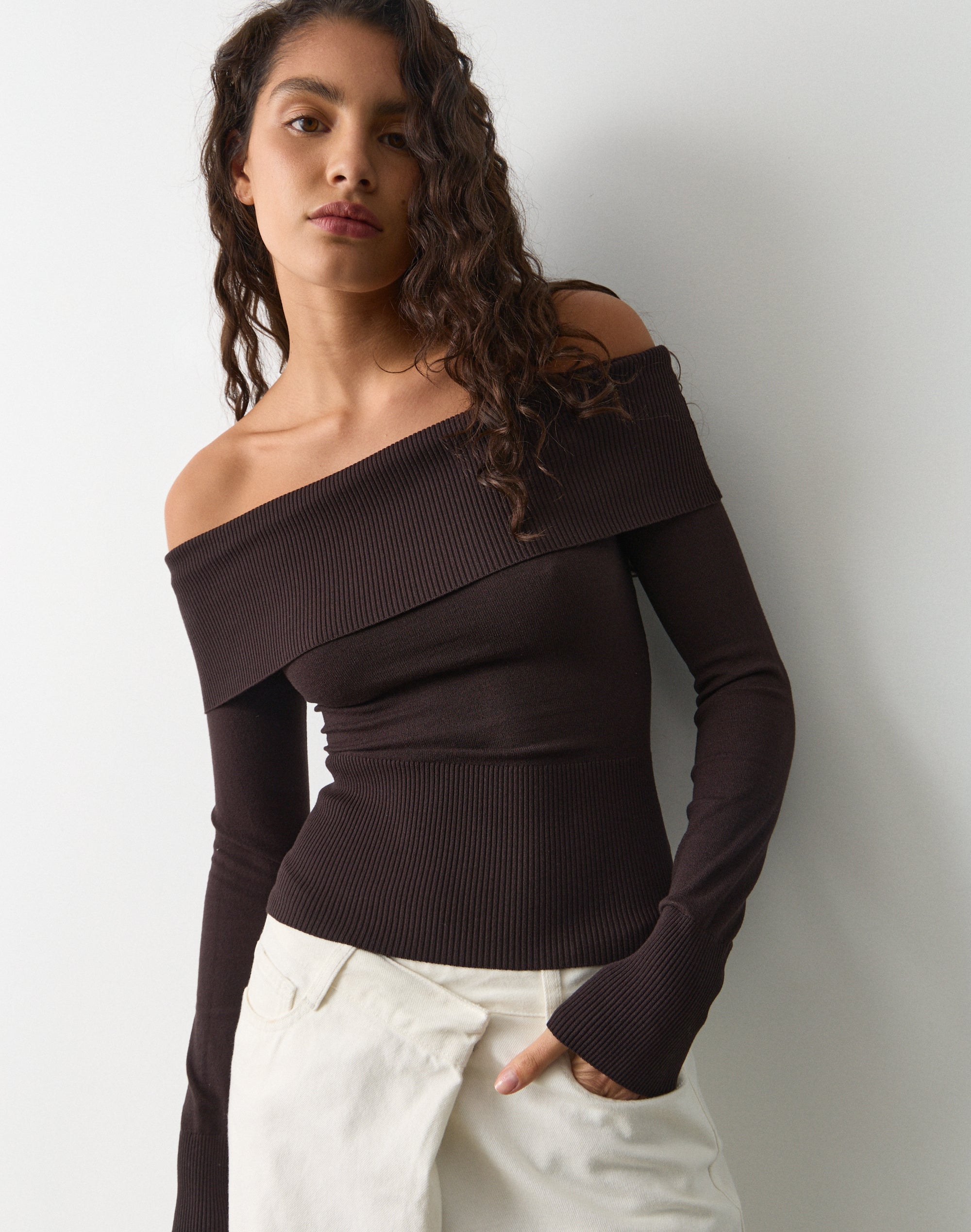 Foldover Off Shoulder Long Sleeve Knit in Choc It Up | Glassons US