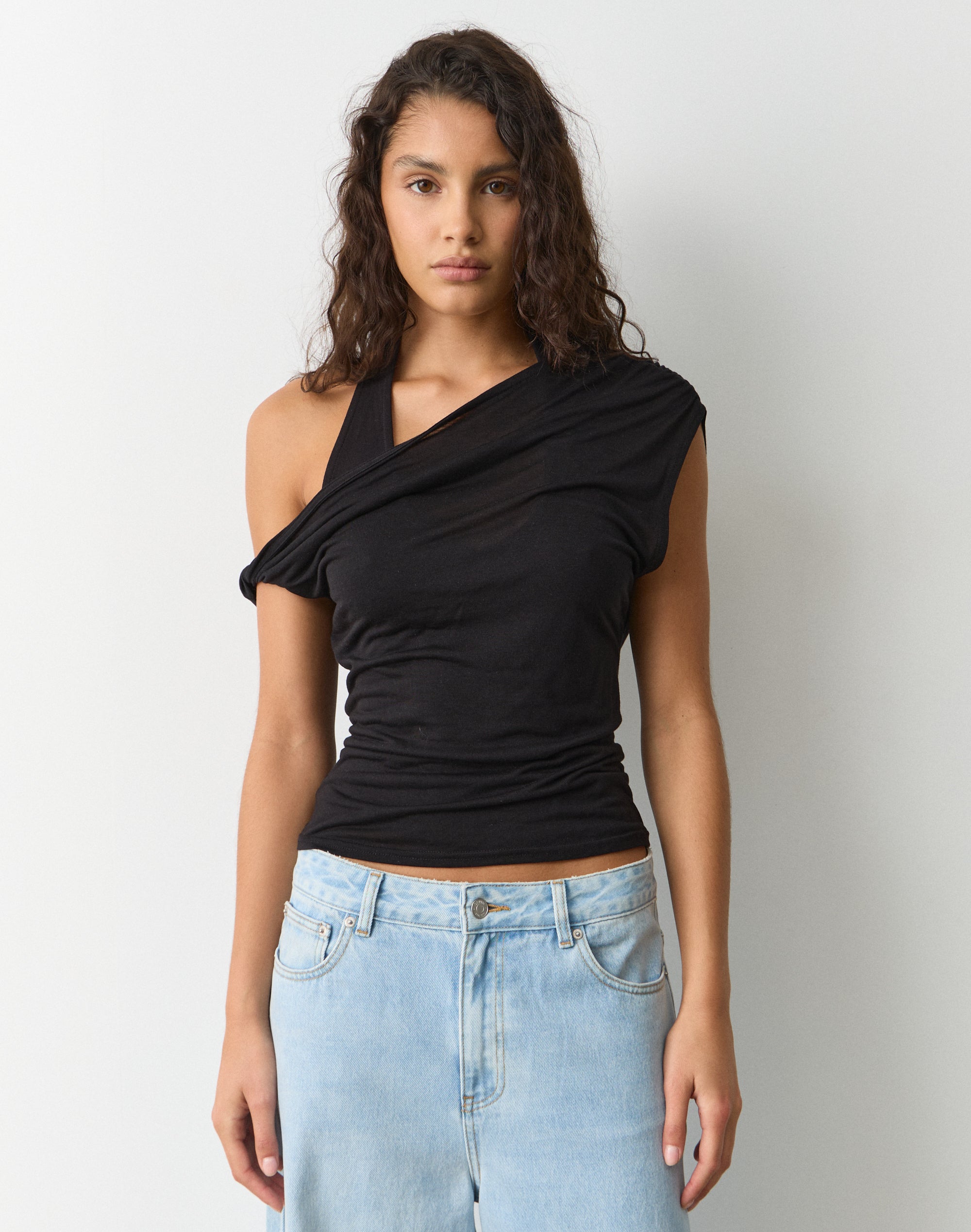 Off Shoulder Layered Halter Top in Black | Glassons US
