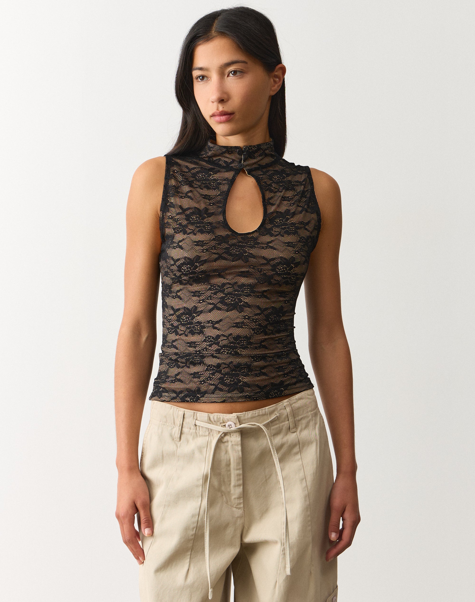 Lace Keyhole Top in Black X Nude | Glassons