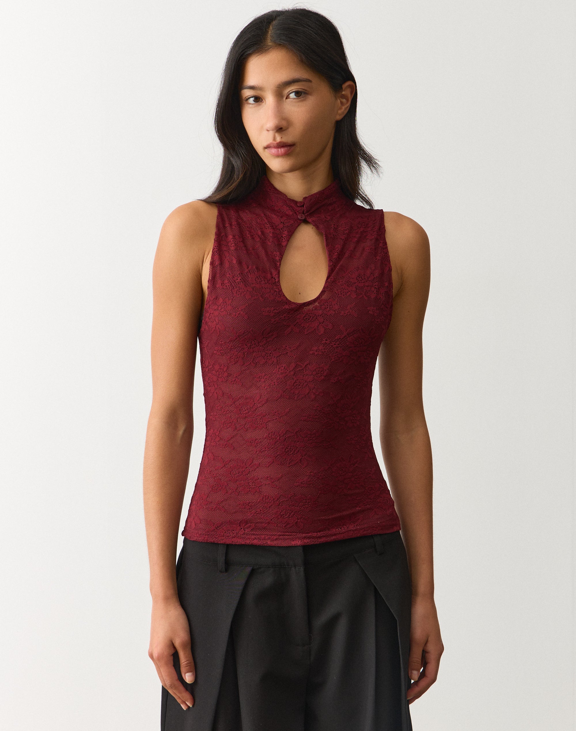 Lace Keyhole Top in Dark Rosewood | Glassons US