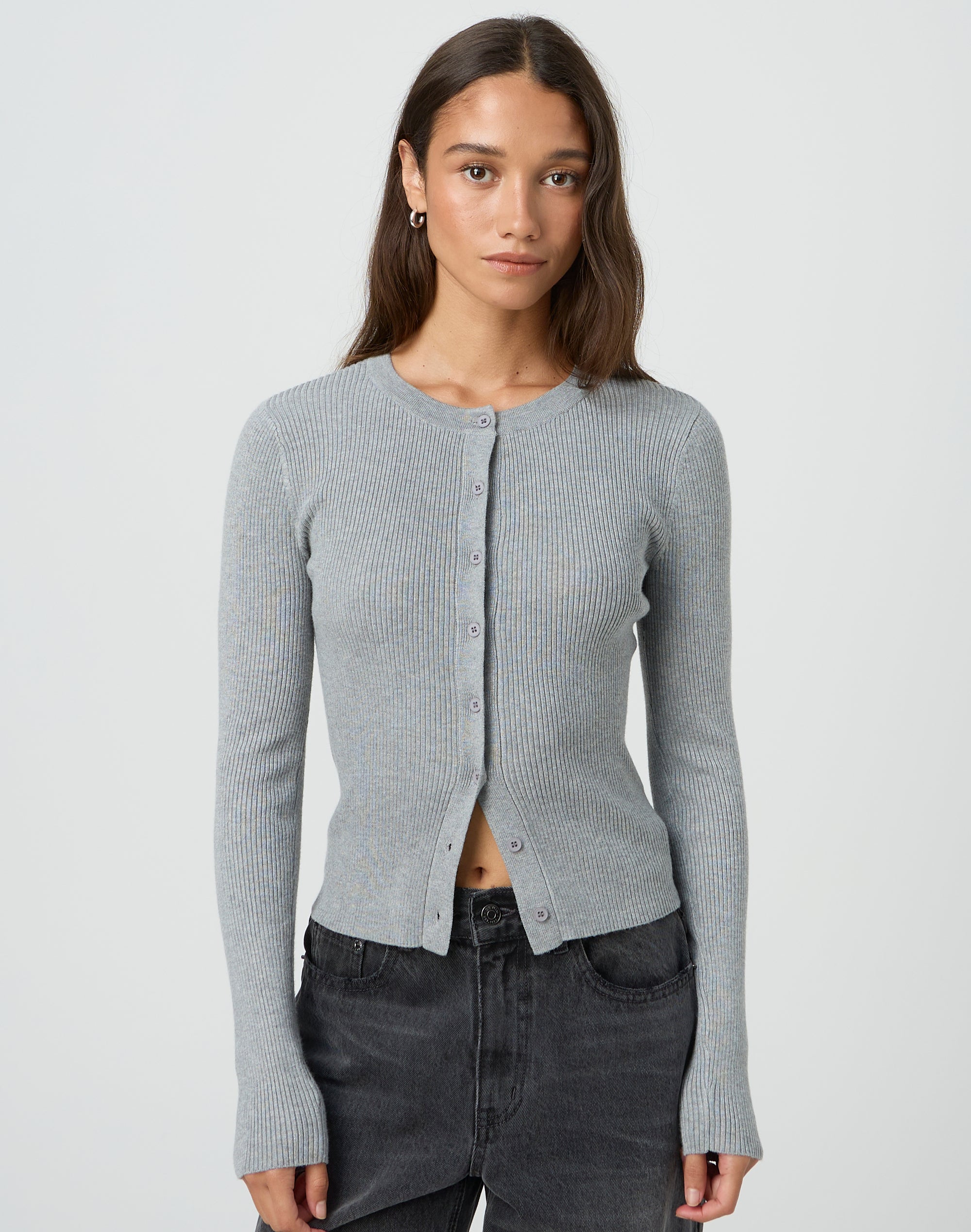 Ribbed Button Through Cardigan in Grey Marle
