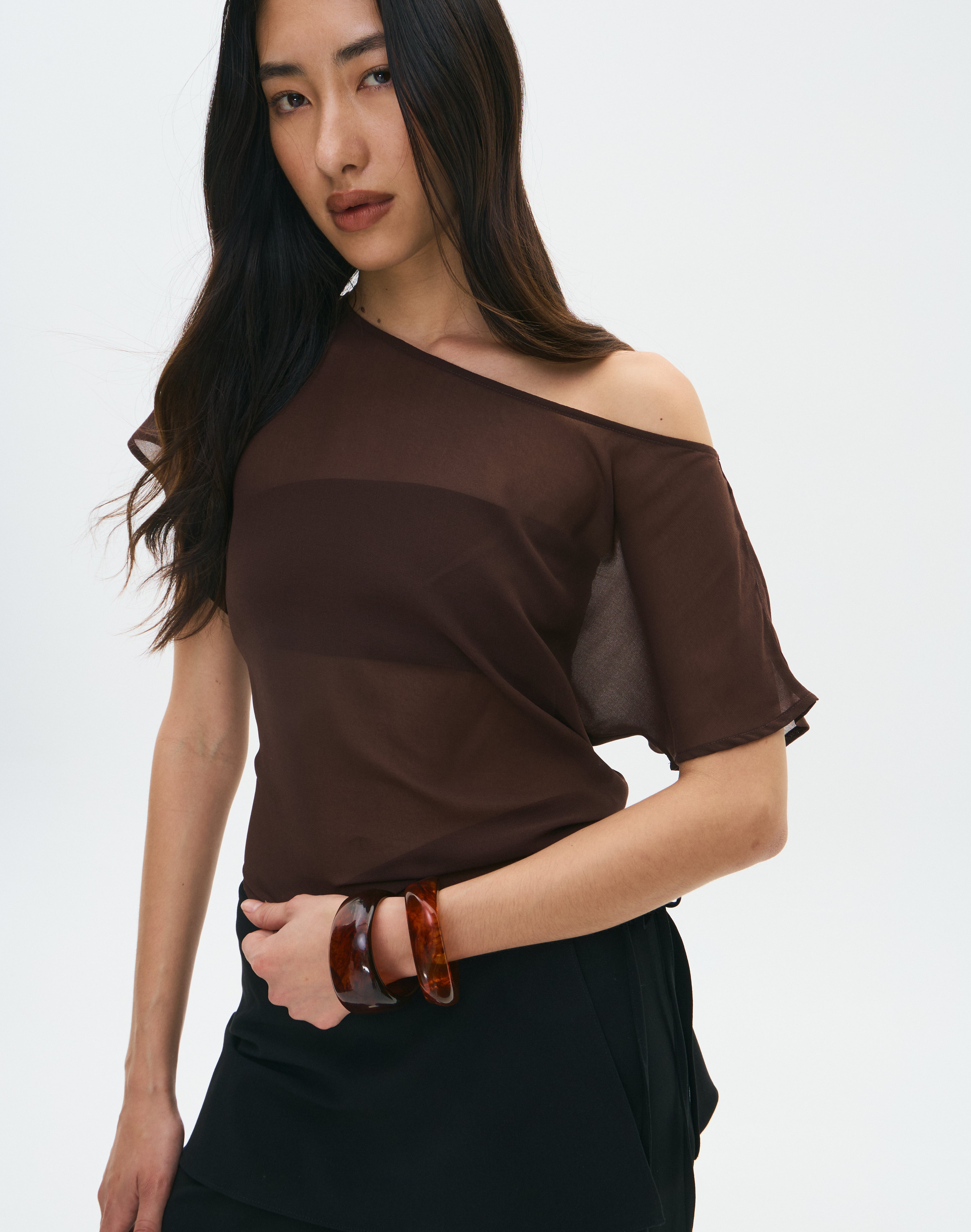 Chiffon Sheer Off Shoulder Blouse in Fudge Fantasy | Glassons US