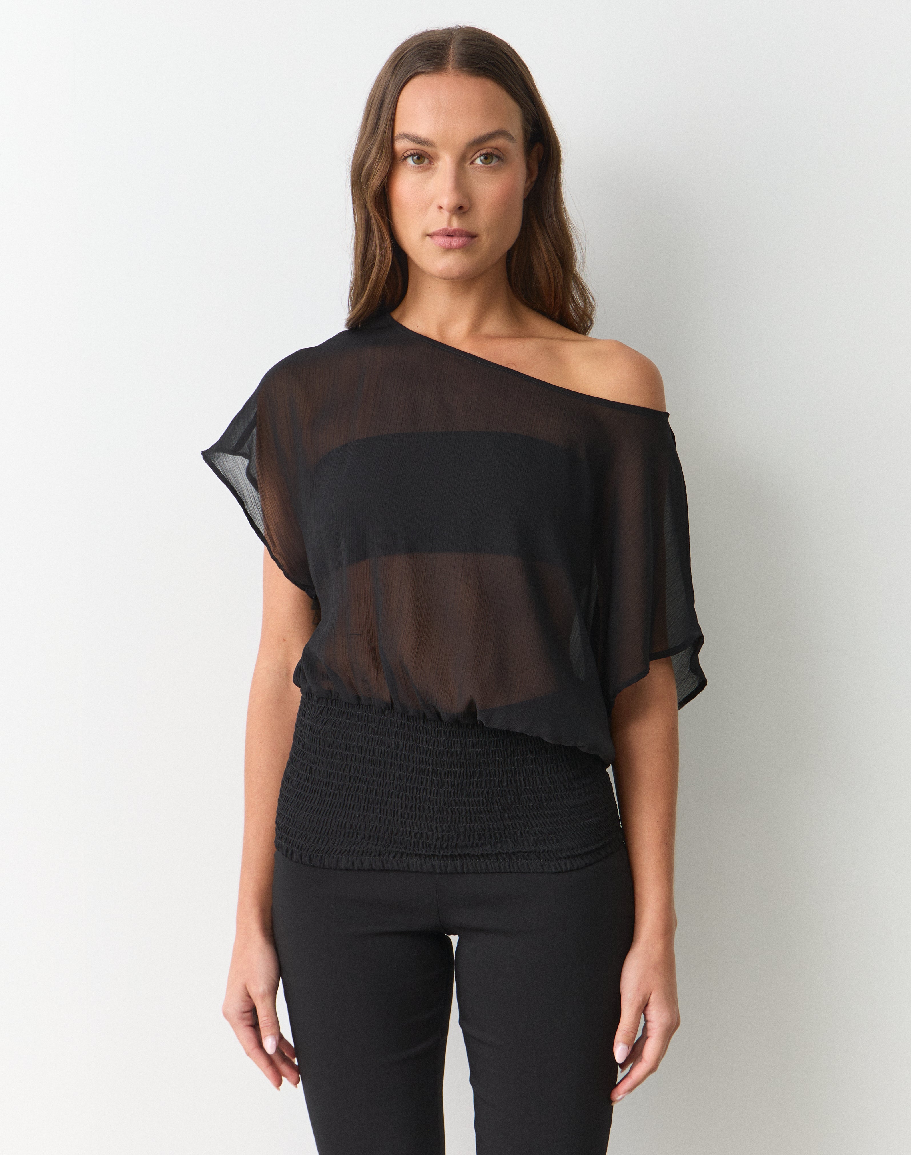 Chiffon Off Shoulder Ruched Blouse in Black | Glassons