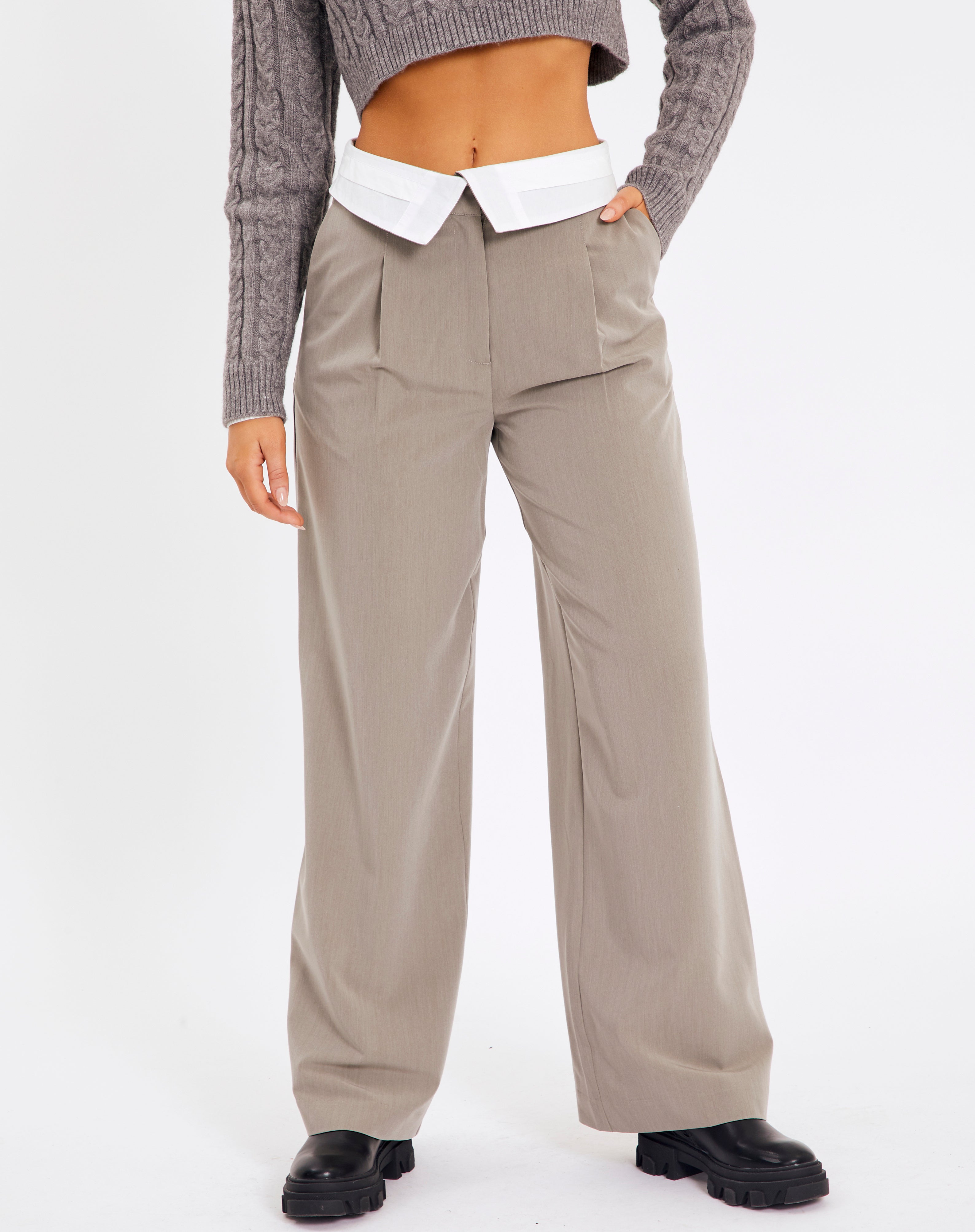 Foldover Wide Leg Pant in Grey | Glassons