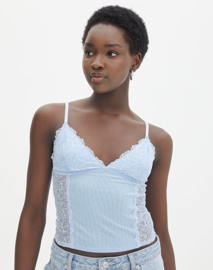 Lace Detail Cropped Cami in Blue Jeans/ White