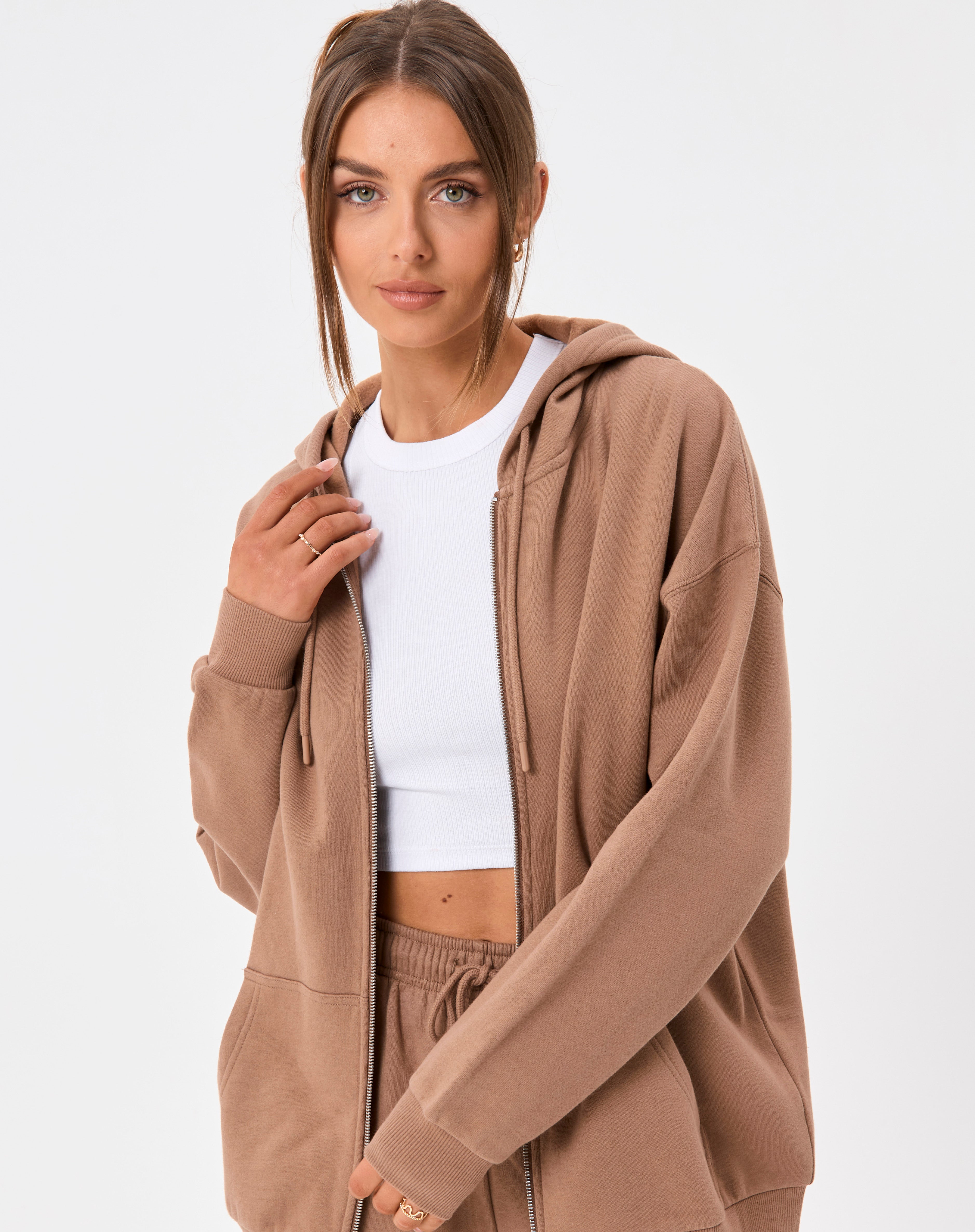 Oversized Zip Up Hoodie in Brown | Glassons