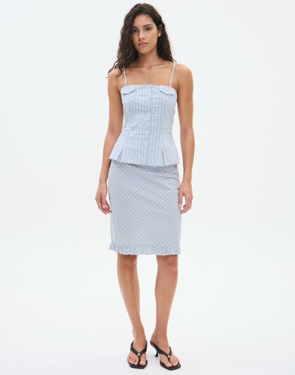 Gingham Ruffle Trim Midi Skirt
