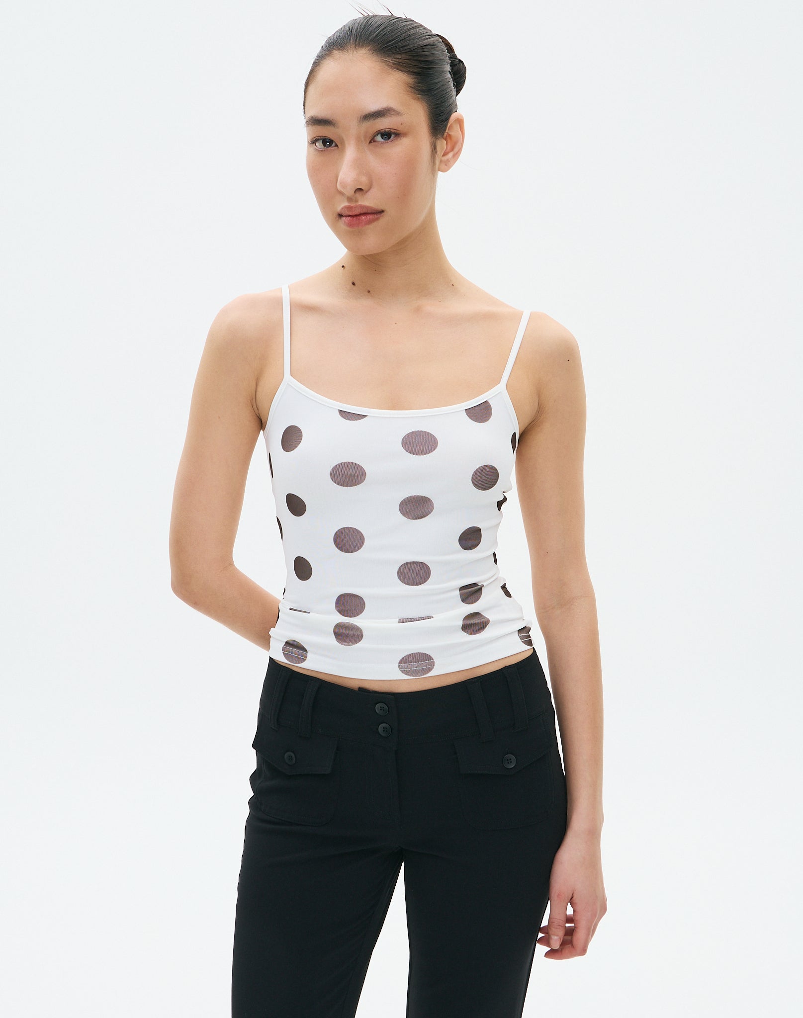 Thin Strap Mesh Print Tank in Milk Fudge Mariona Polka Dot