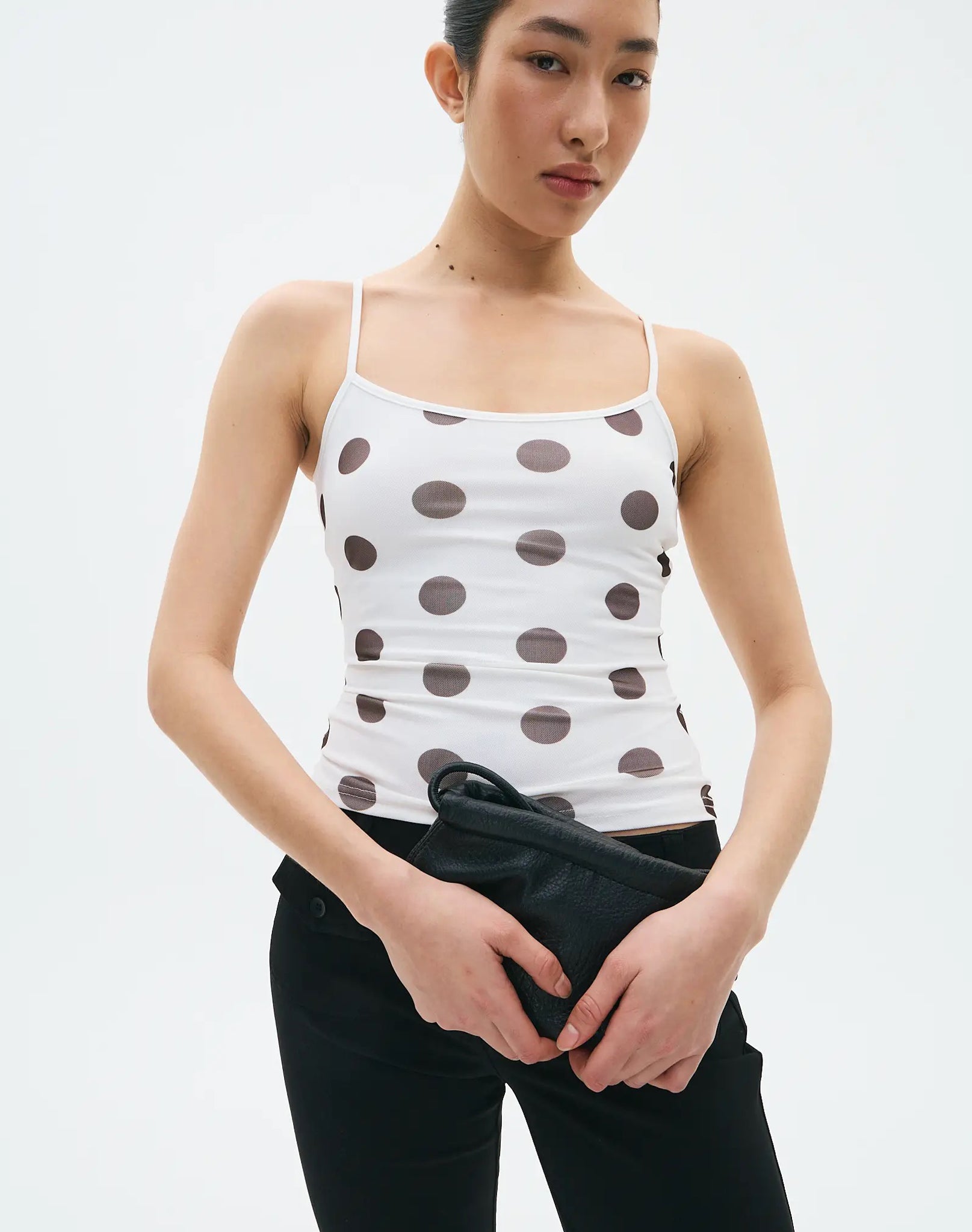 Thin Strap Mesh Print Tank in Milk Fudge Mariona Polka Dot