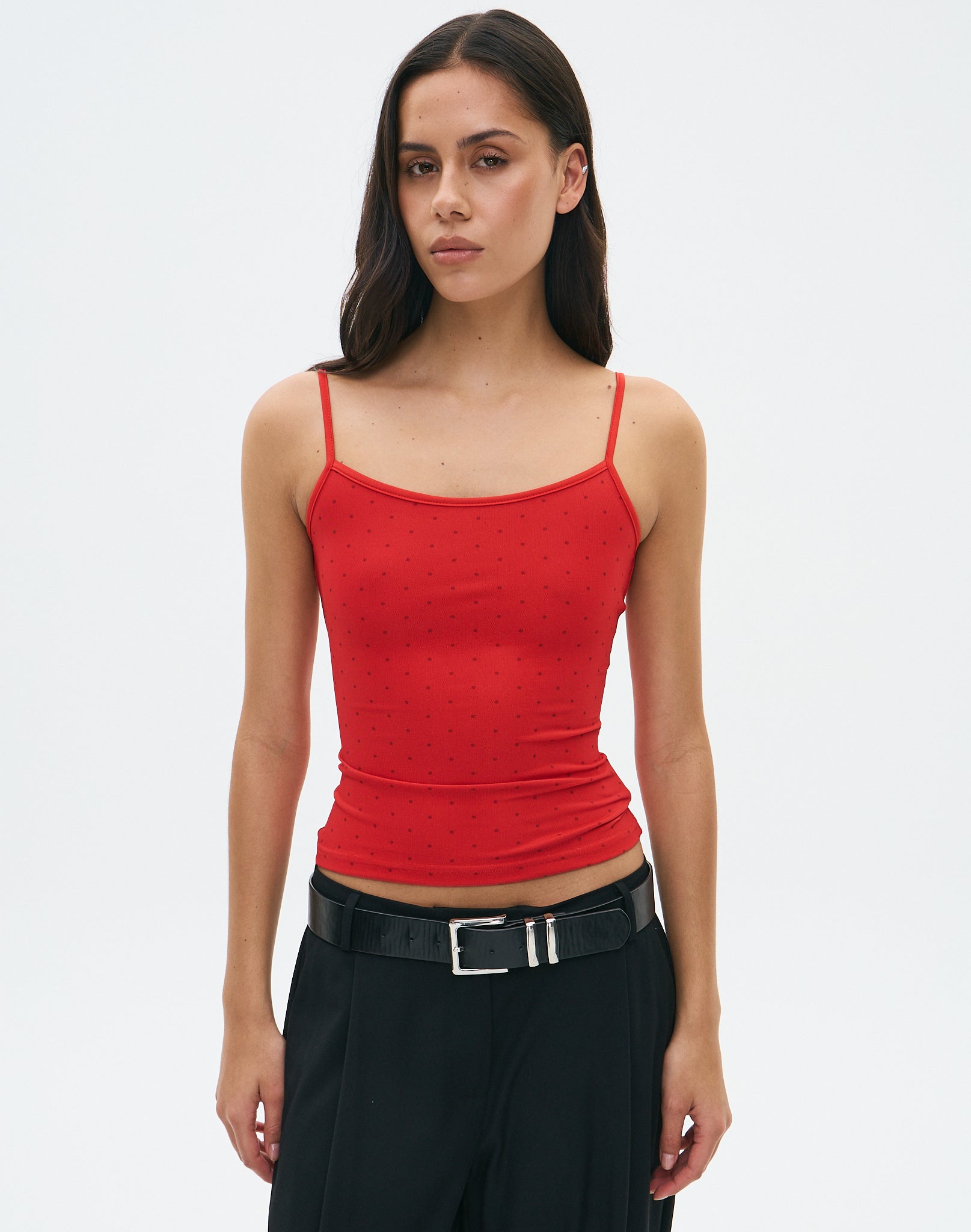 Thin Strap Mesh Print Tank in Reddy Tonal Celia Polka Dot