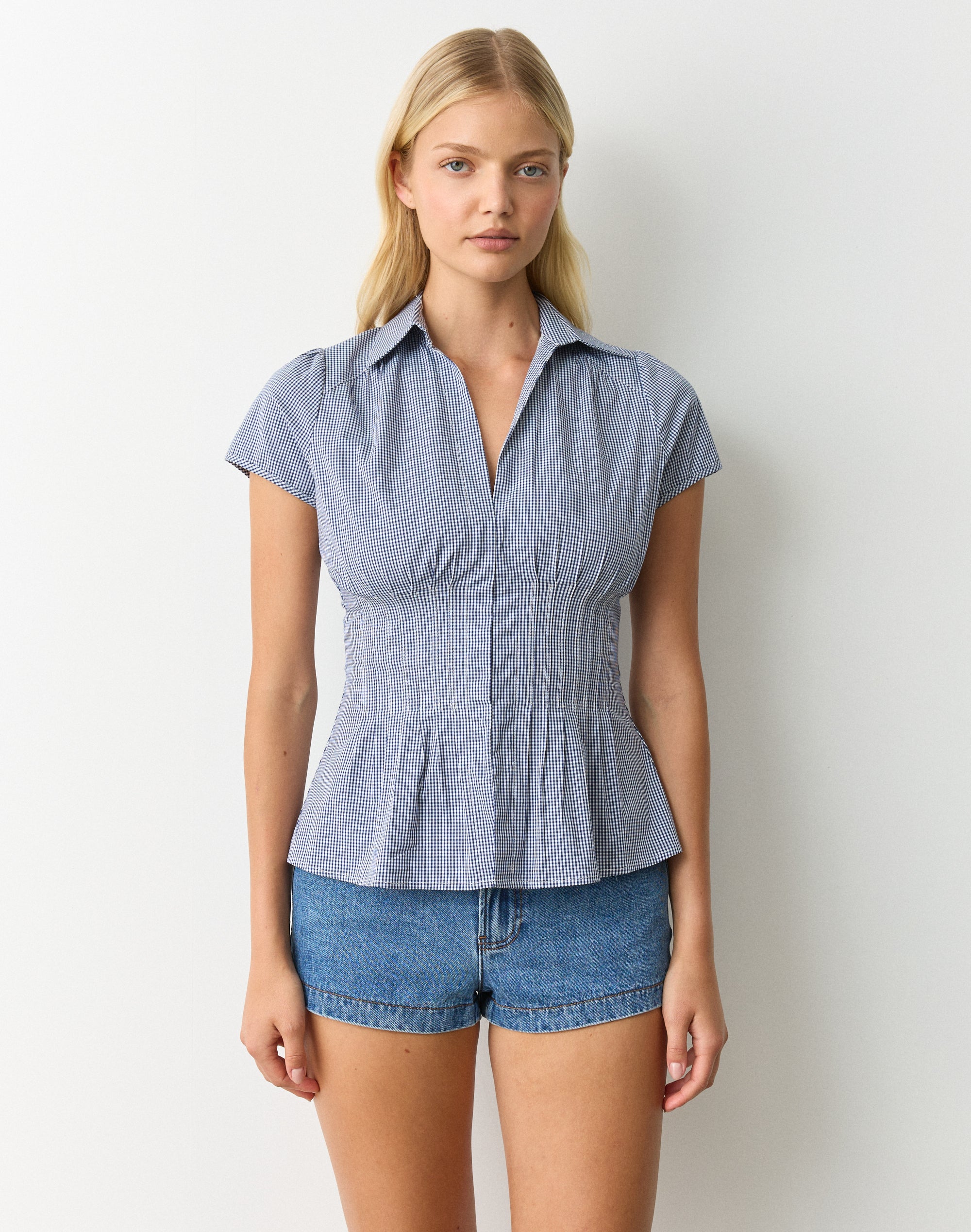 Gingham Pintuck Cap Sleeve Blouse in Filly Midnight Ghm | Glassons SG