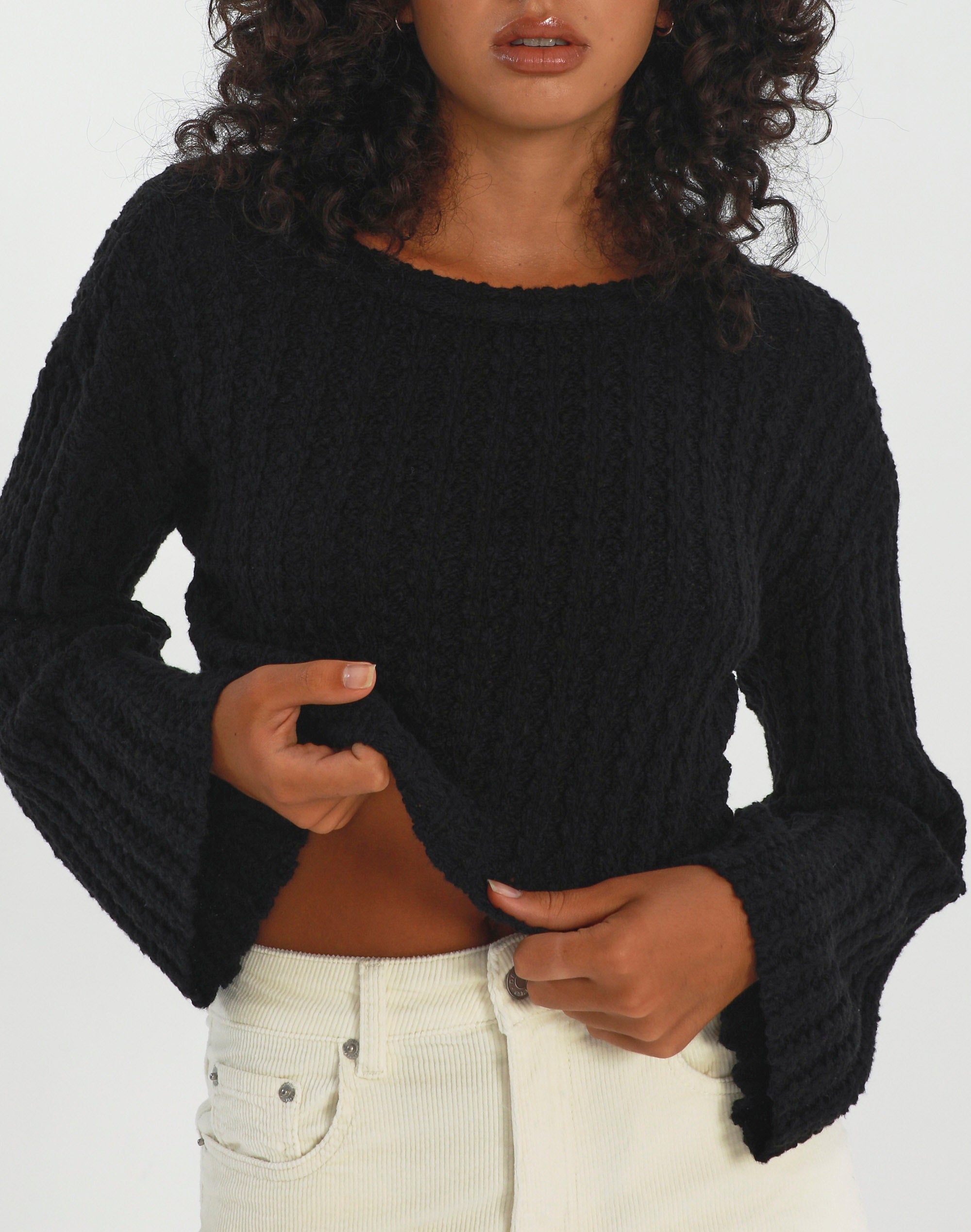 Textured Crew Neck Knit Jumper in Black | Glassons