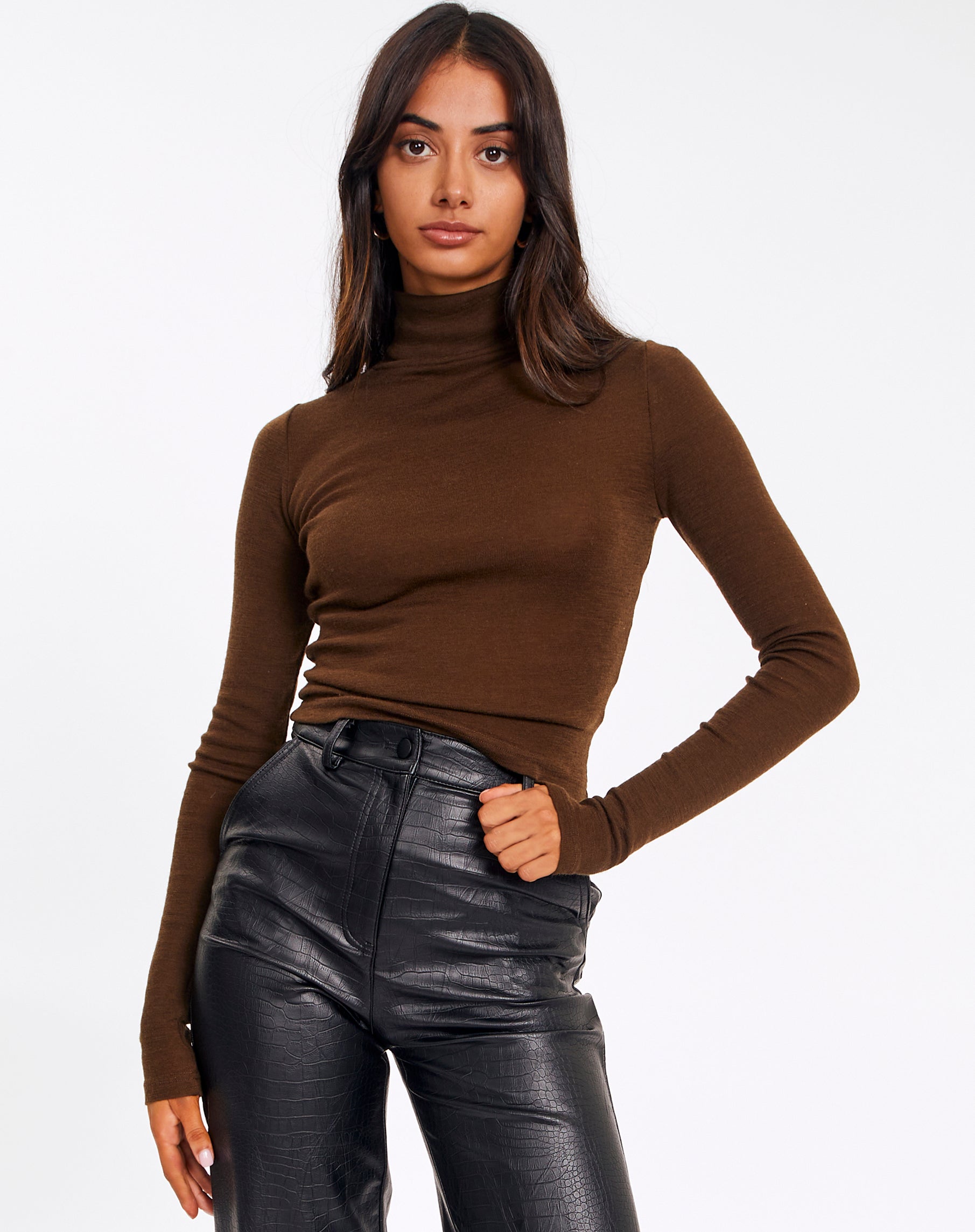 Merino Turtleneck Long Sleeve Crop Top 