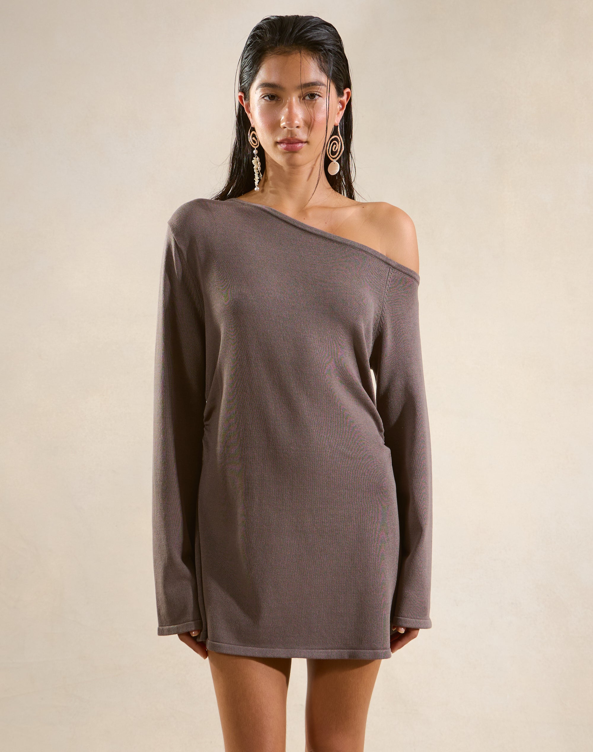Off Shoulder Knit Mini Dress in Smokey Hazel | Glassons SG
