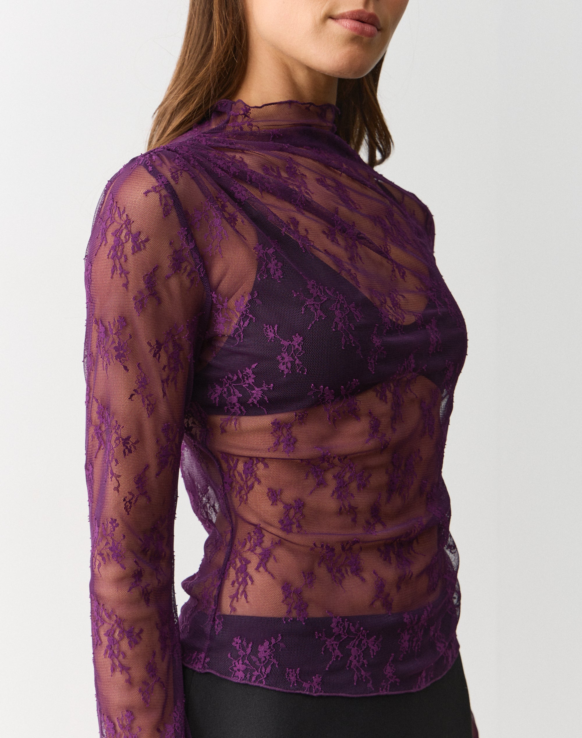Sheer Lace Long Sleeve Top in Empress Purple | Glassons US