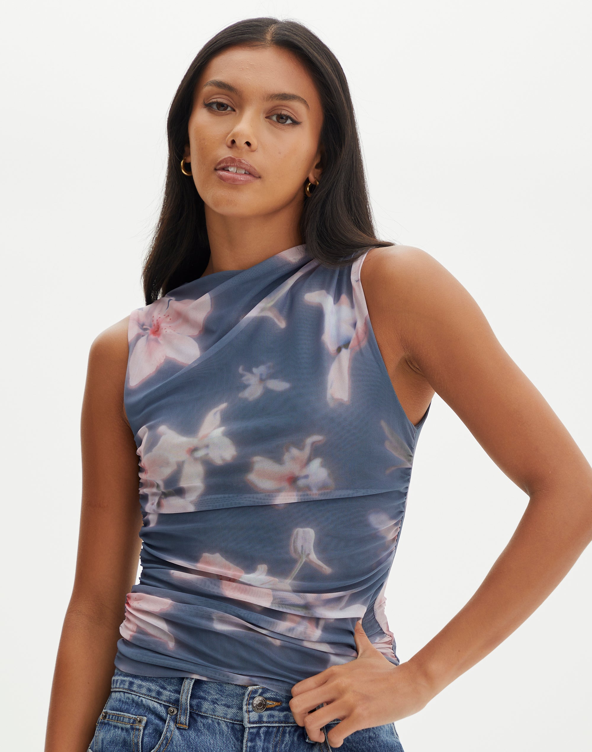 High Neck Print Ruched Mesh Top in Blue Tune Glow