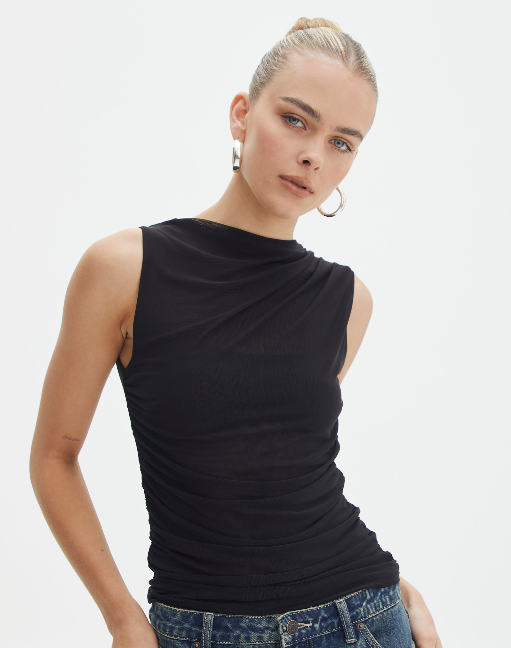 High Neck Layered Mesh Top in Black